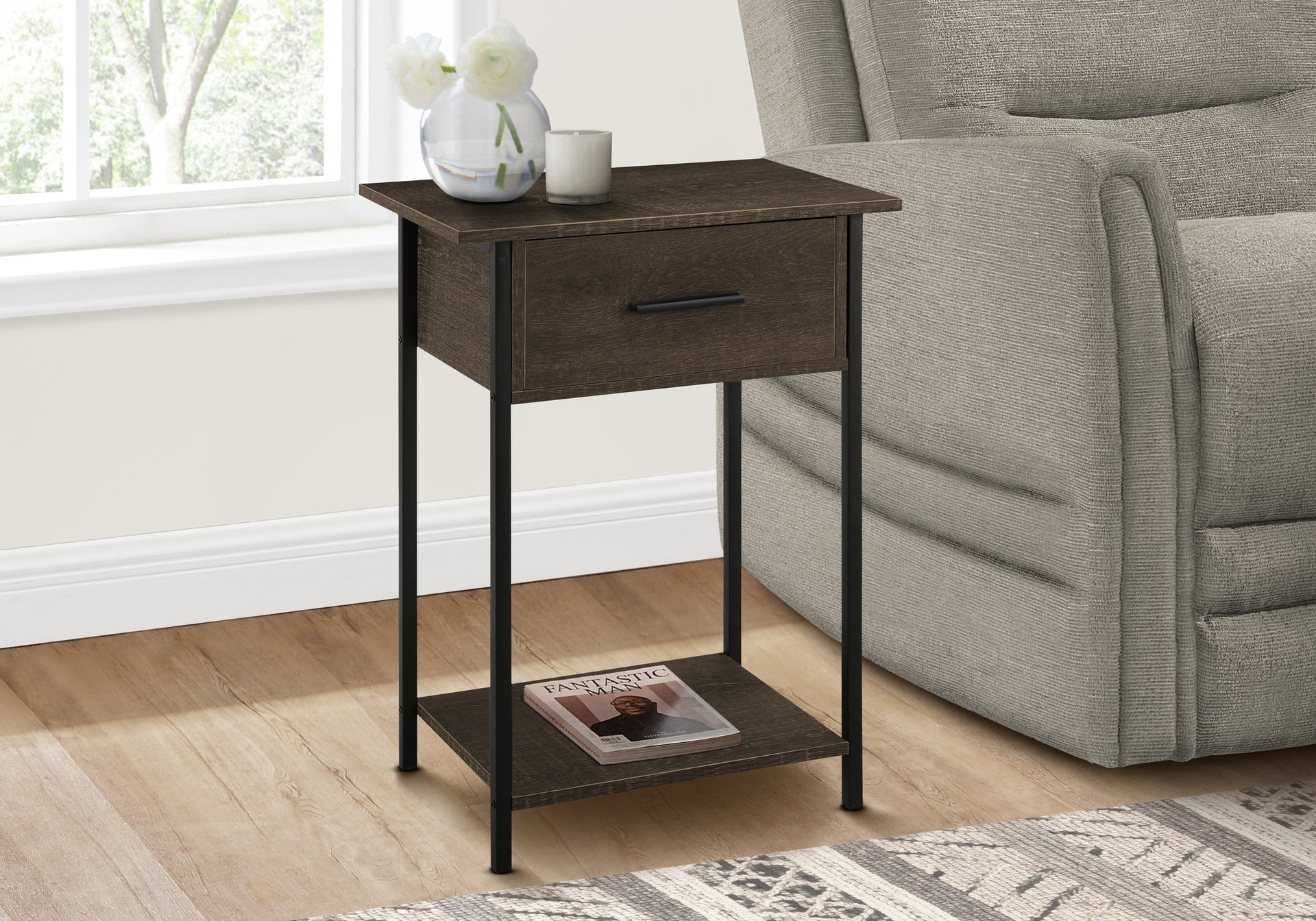 Accent Table, 2 Tier, End, Lamp, Living Room, Side Table, Storage Drawer, Small, Dark Oak Laminate, Black Metal, Contemporary