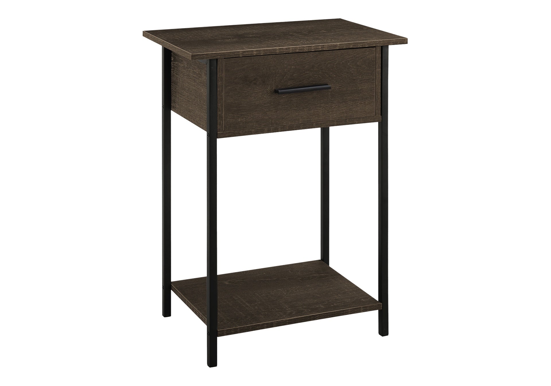 Accent Table, 2 Tier, End, Lamp, Living Room, Side Table, Storage Drawer, Small, Dark Oak Laminate, Black Metal, Contemporary