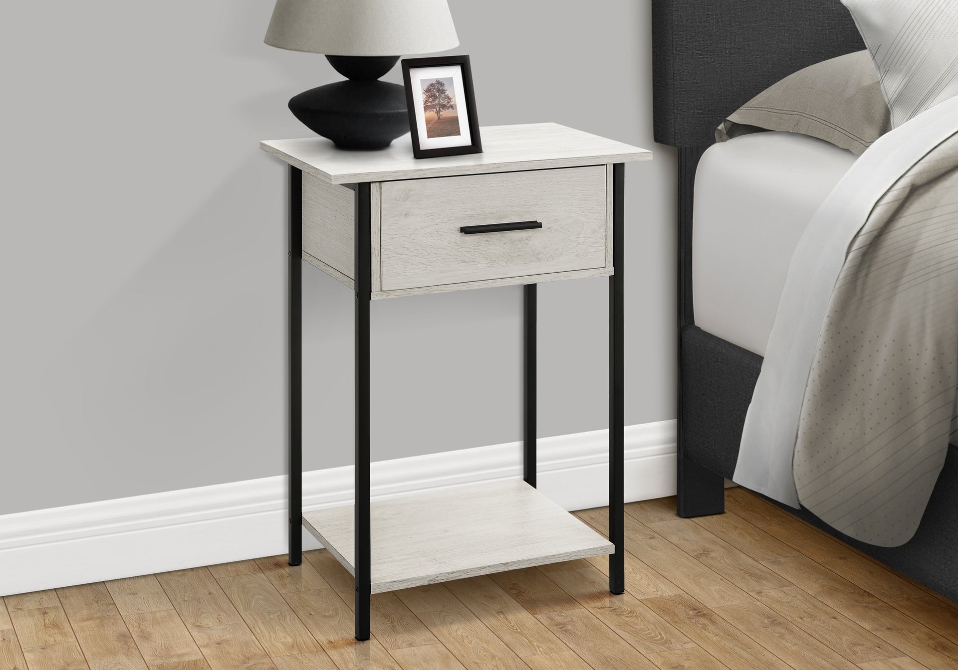 Accent Table, 2 Tier, End, Lamp, Living Room, Side Table, Storage Drawer, Small, Washed Oak Laminate, Black Metal, Contemporary
