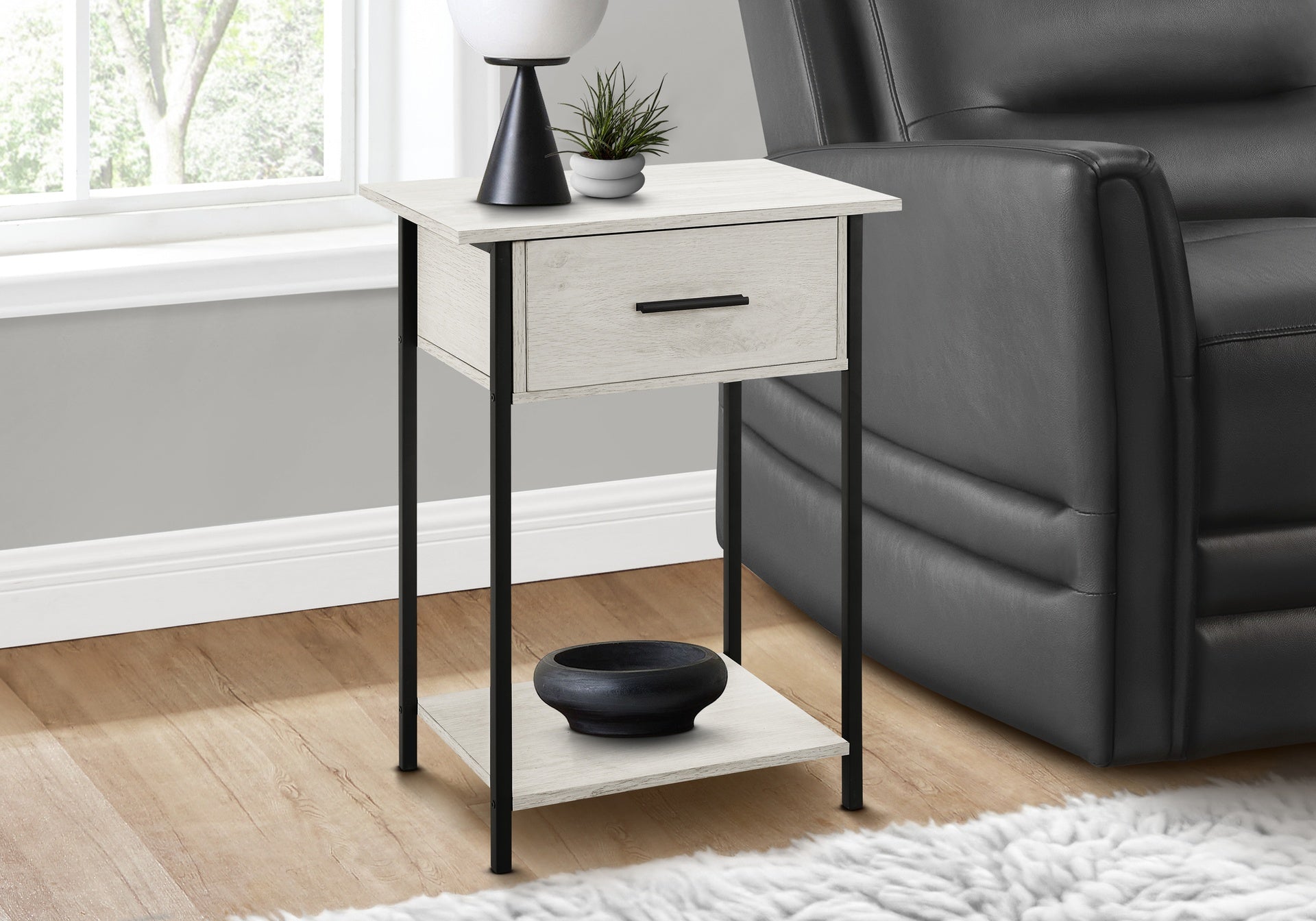Accent Table, 2 Tier, End, Lamp, Living Room, Side Table, Storage Drawer, Small, Washed Oak Laminate, Black Metal, Contemporary