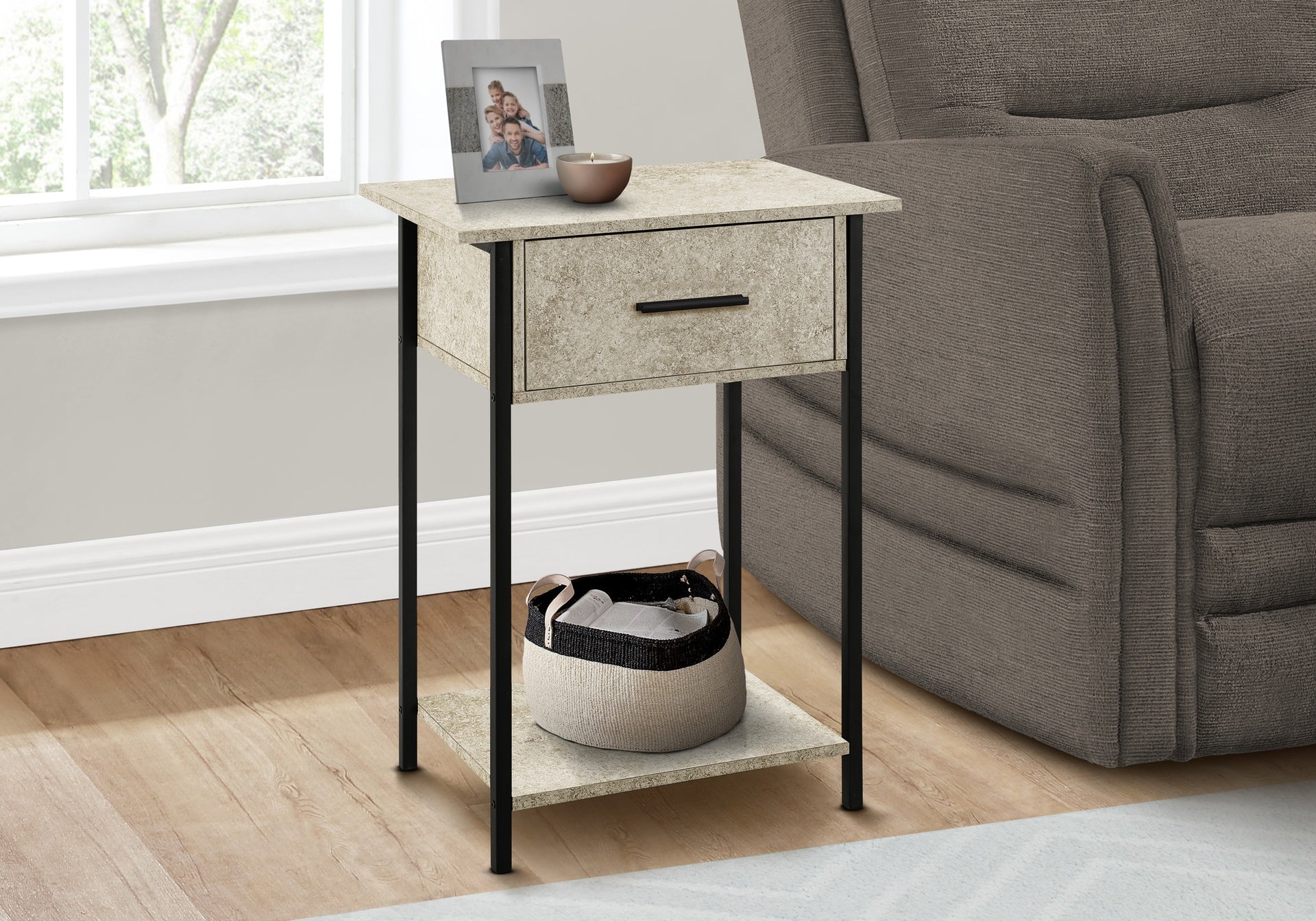 Accent Table, 2 Tier, End, Lamp, Living Room, Side Table, Storage Drawer, Small, Cream Stone Laminate, Black Metal, Contemporary