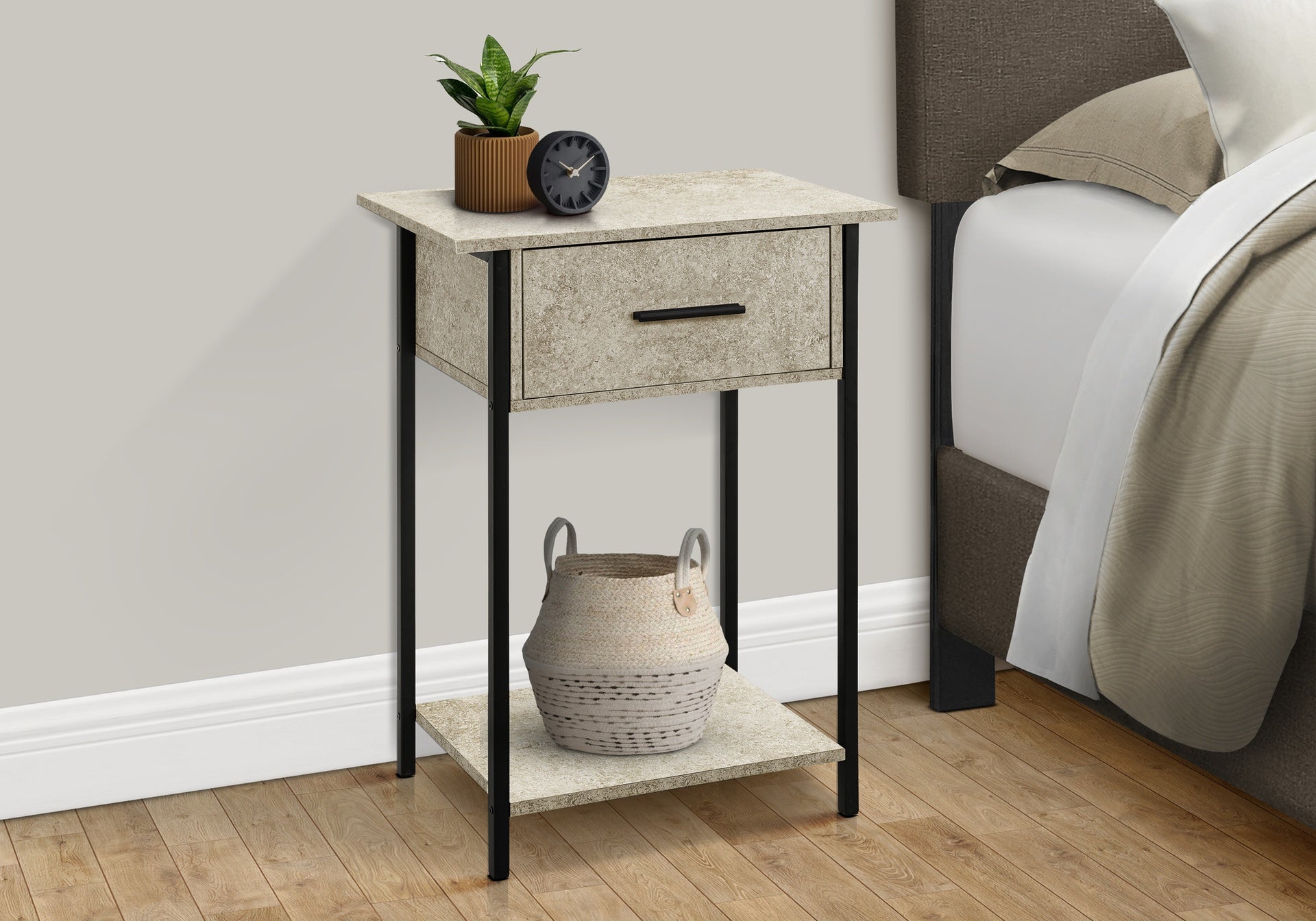 Accent Table, 2 Tier, End, Lamp, Living Room, Side Table, Storage Drawer, Small, Cream Stone Laminate, Black Metal, Contemporary