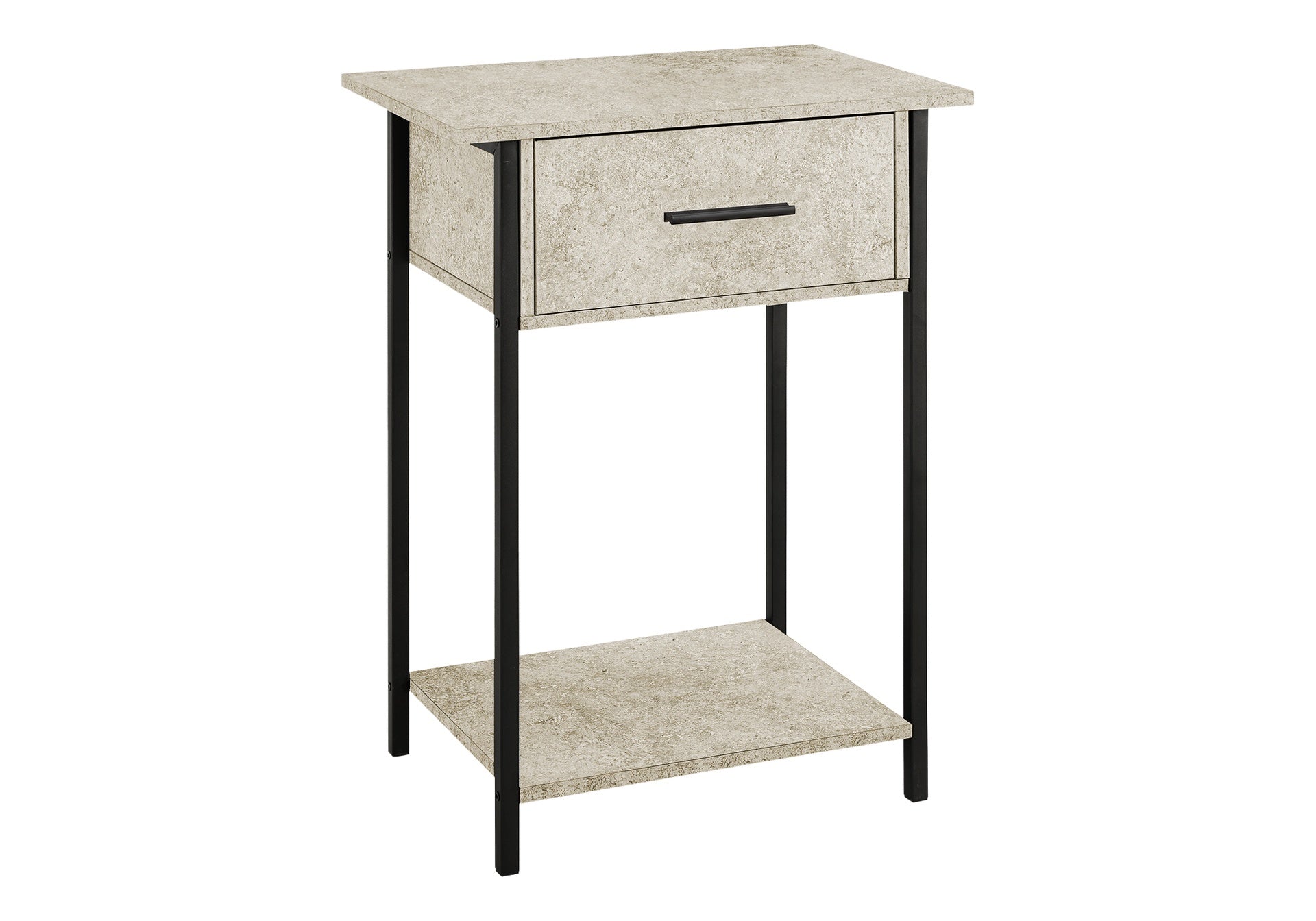 Accent Table, 2 Tier, End, Lamp, Living Room, Side Table, Storage Drawer, Small, Cream Stone Laminate, Black Metal, Contemporary
