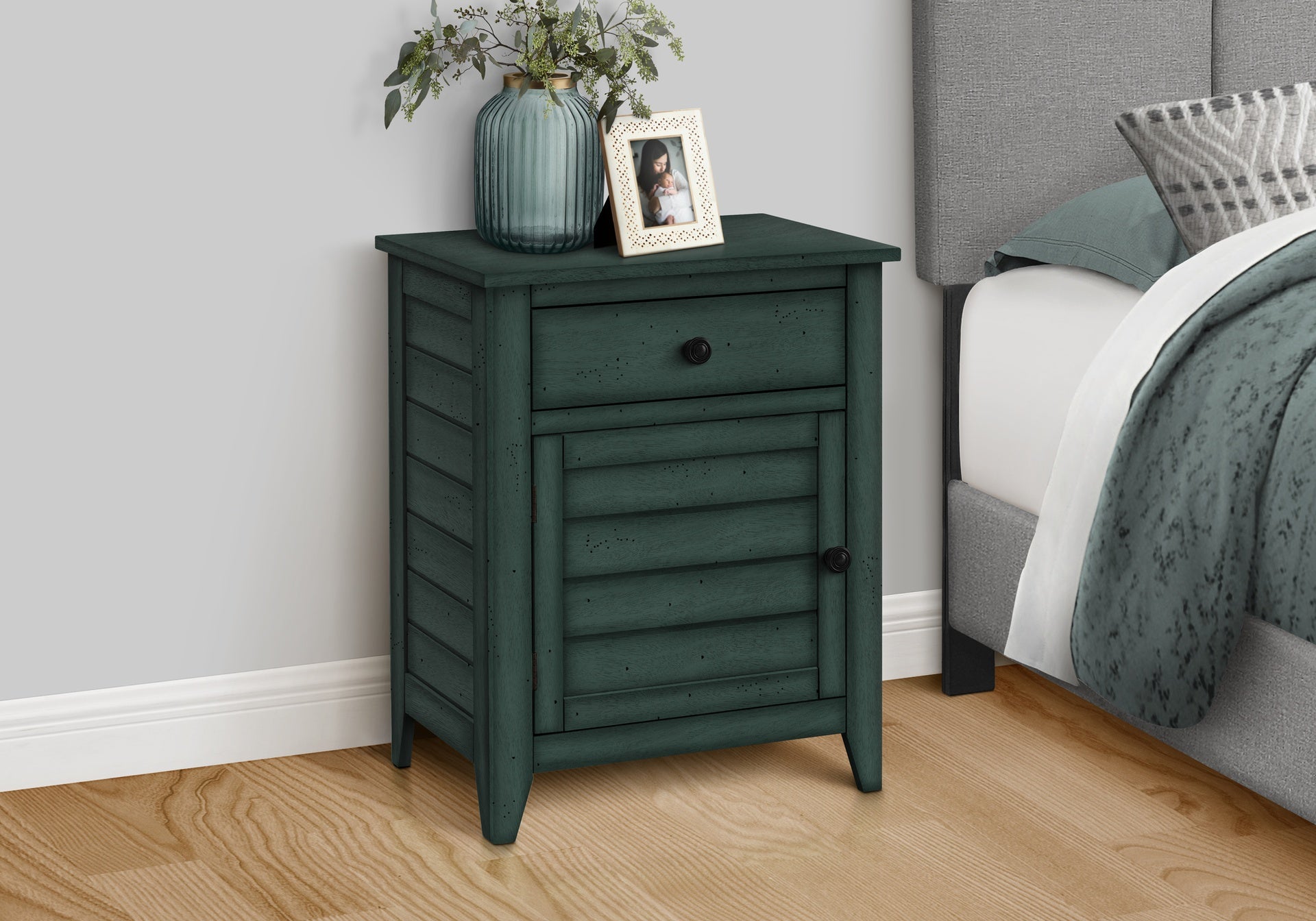 Accent Table, Nightstand, Storage Drawer, End, Side Table, Bedroom, Lamp, Storage, Antique Blue Veneer, Transitional