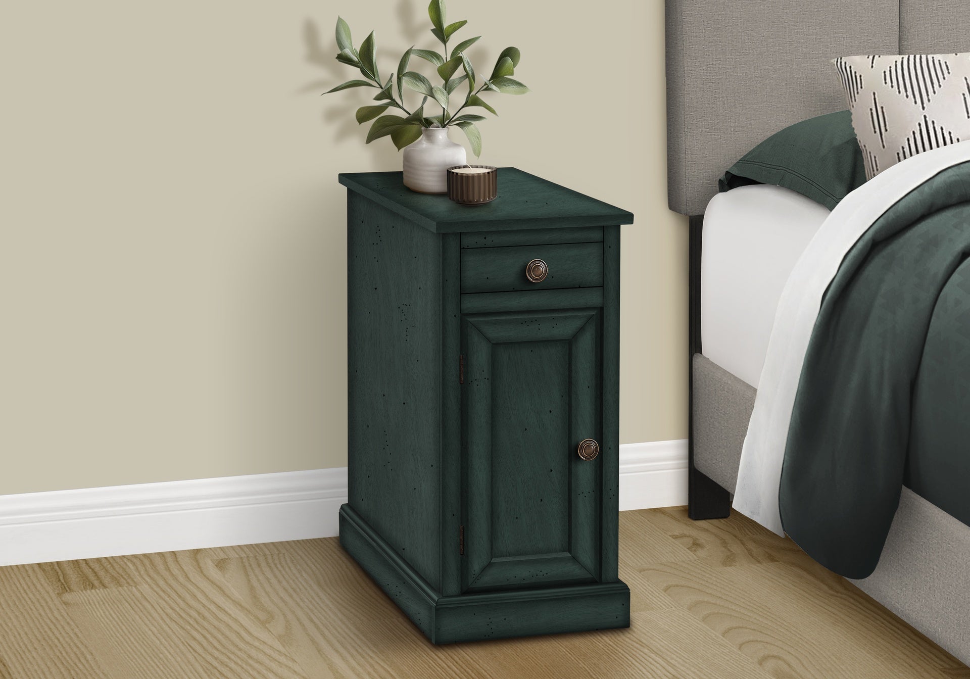 Accent Table, End, Side Table, Nightstand, Narrow, Bedroom, Lamp, Storage Drawer, Antique Blue Veneer, Traditional