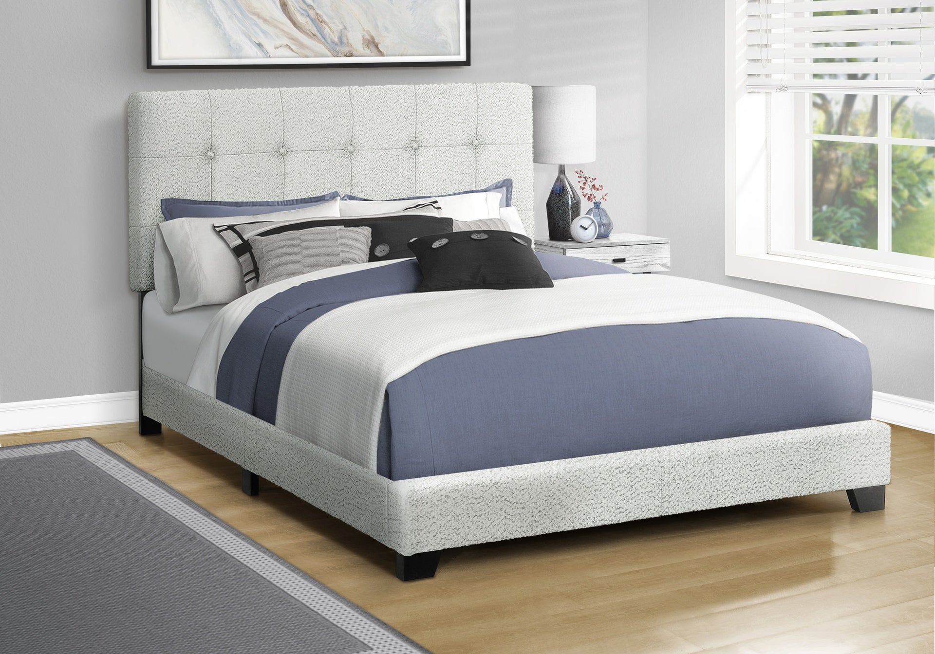 Bed, Queen Size, Upholstered, Frame Only, Bedroom, Light Grey Boucle, Transitional