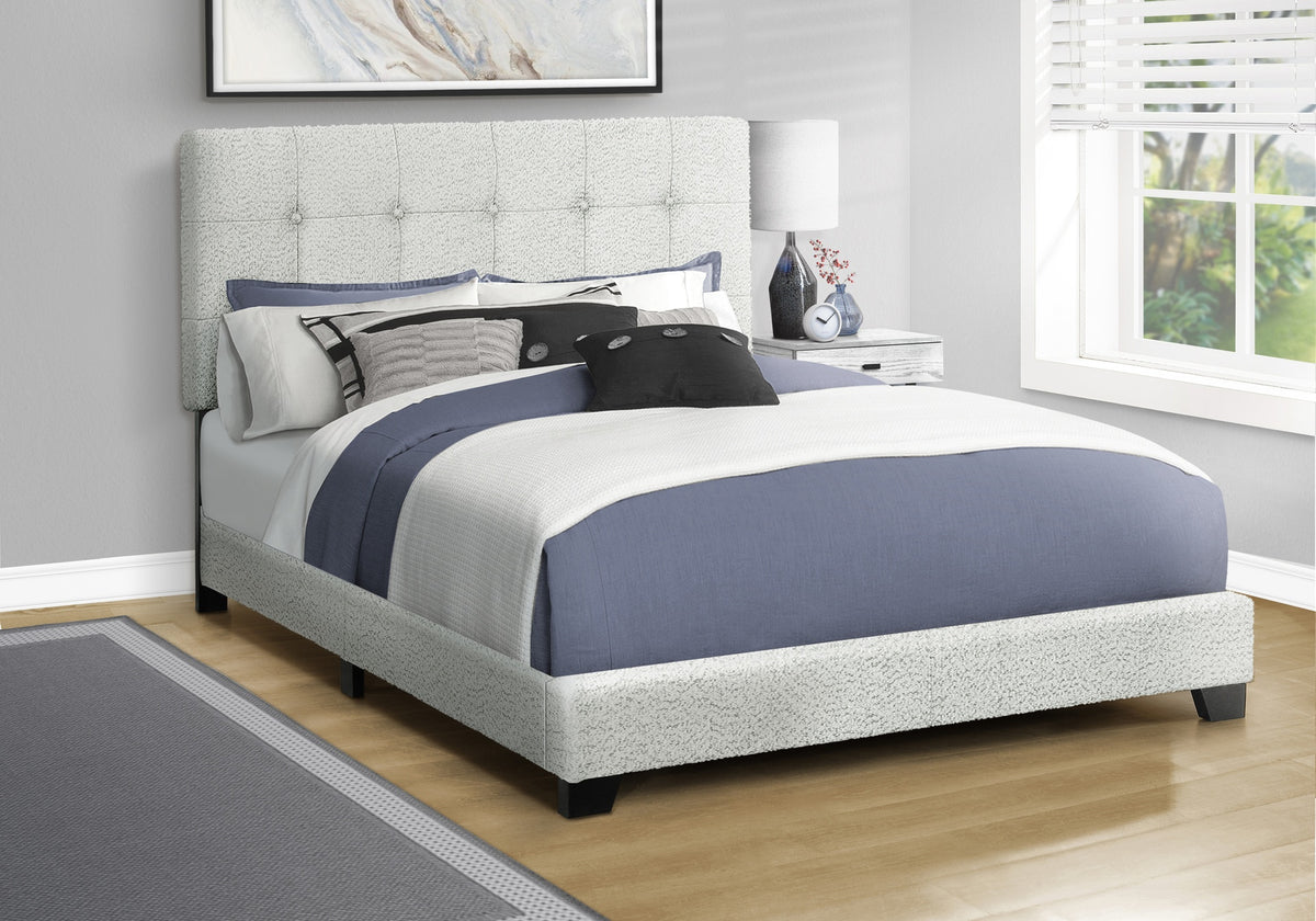 Bed, Queen Size, Upholstered, Frame Only, Bedroom, Light Grey Boucle, Transitional