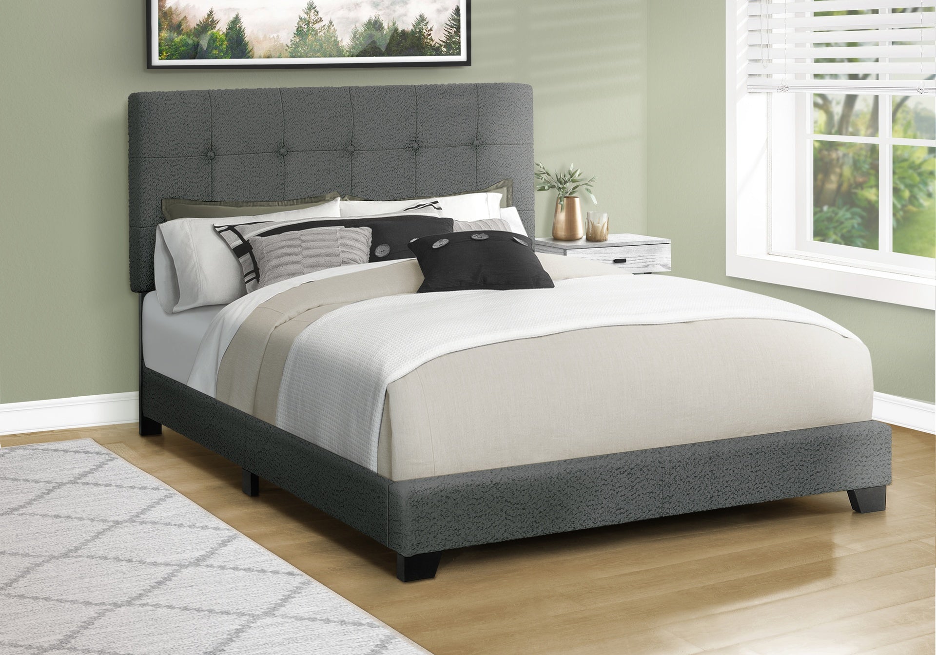 Bed, Bedroom, Frame Only, Queen Size, Upholstered, Dark Grey Boucle, Transitional
