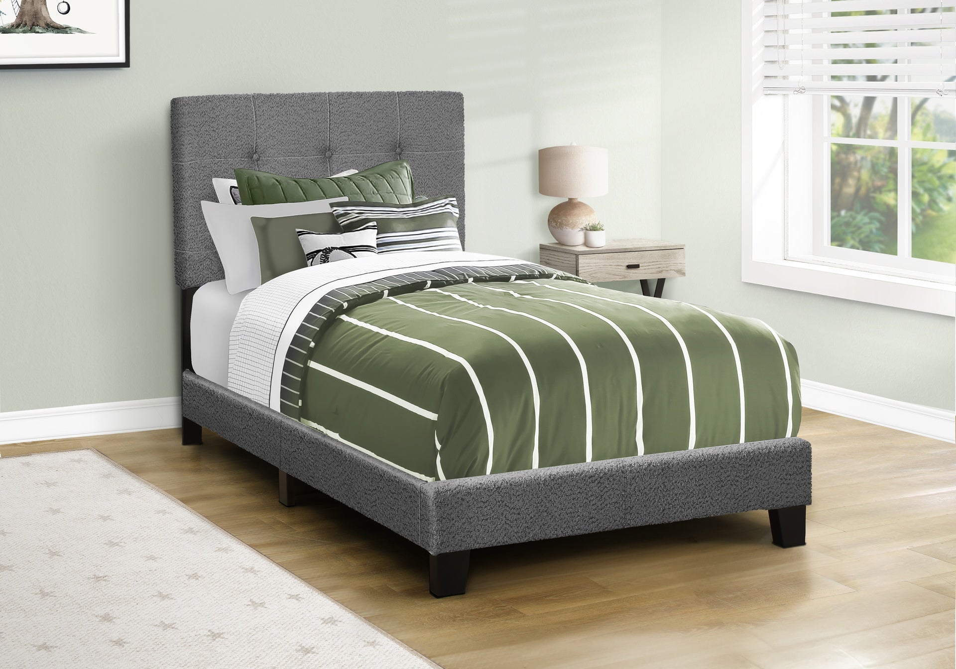 Bed, Twin Size, Upholstered, Bedroom, Frame Only, Youth, Teen, Juvenile, Dark Grey Boucle, Transitional