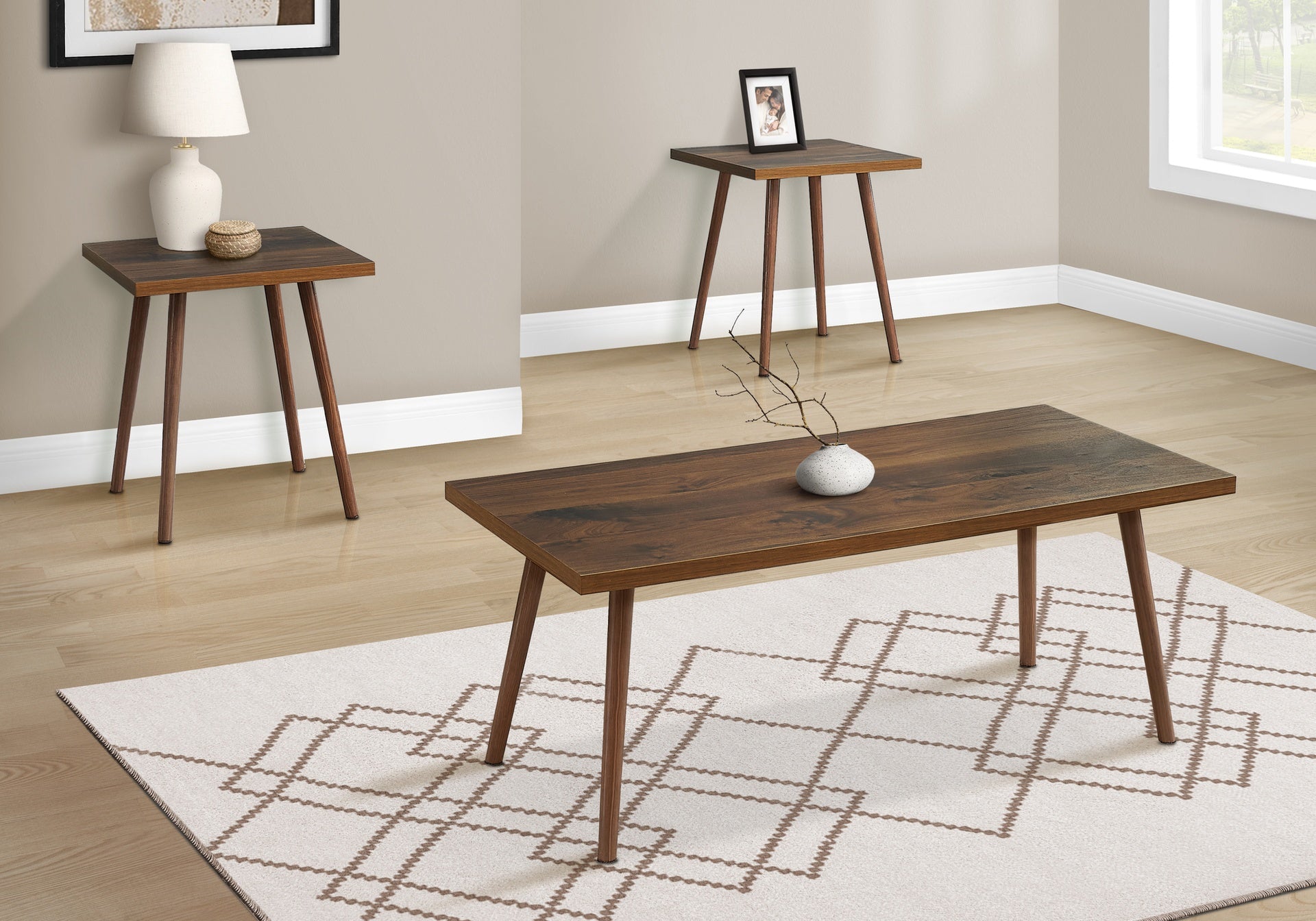 Table Set, 3pcs Set, Accent, Coffee, End, Living Room, Dark Walnut, Contemporary, Modern