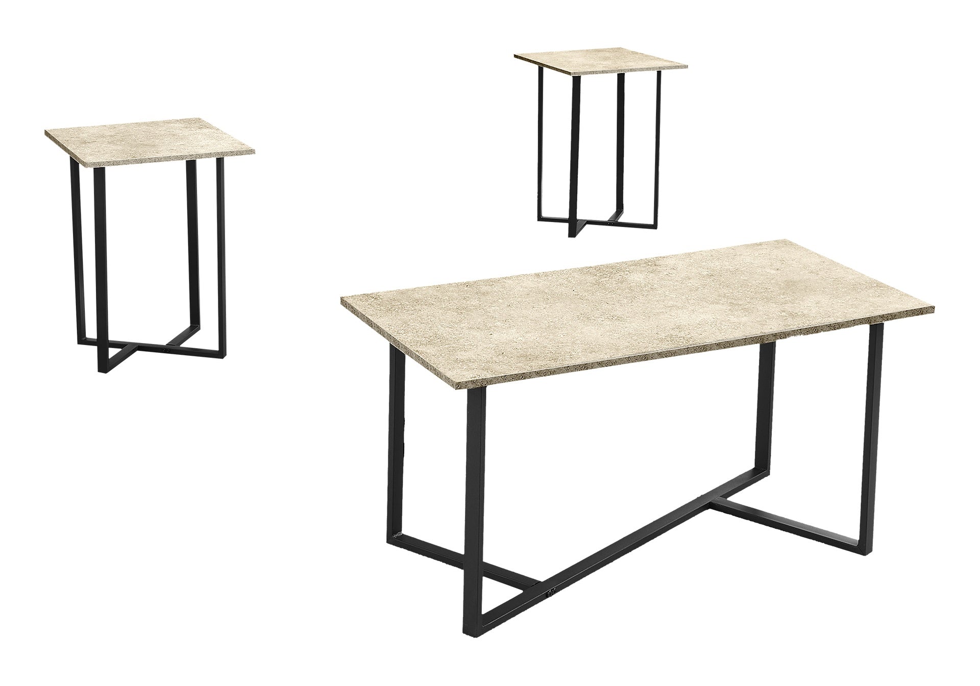 Table Set, 3pcs Set, Coffee, End, Living Room, Cream Stone Laminate, Black Metal, Contemporary, Modern