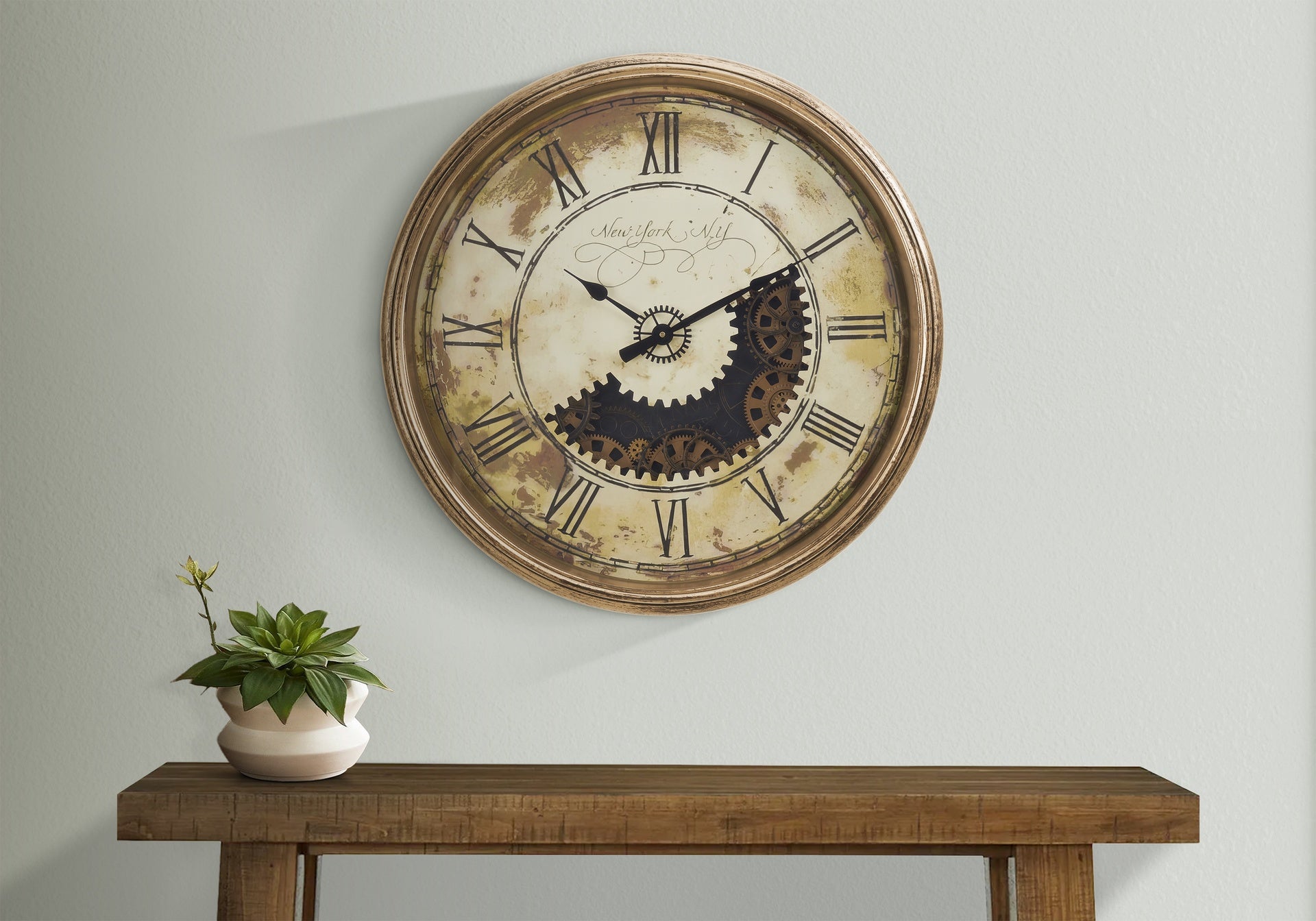 Clocks, 30" Round, Gear Mechanism, Large Oversized, Wall Clock, Antique Gold, Transitional