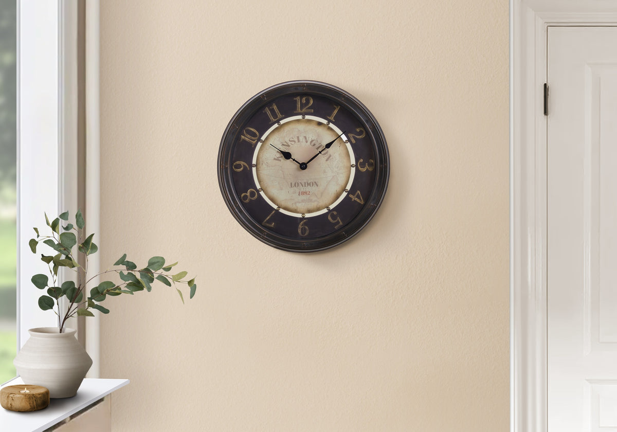 Clocks, 16" Round, Wall Clock, Antique Brown, Transitional