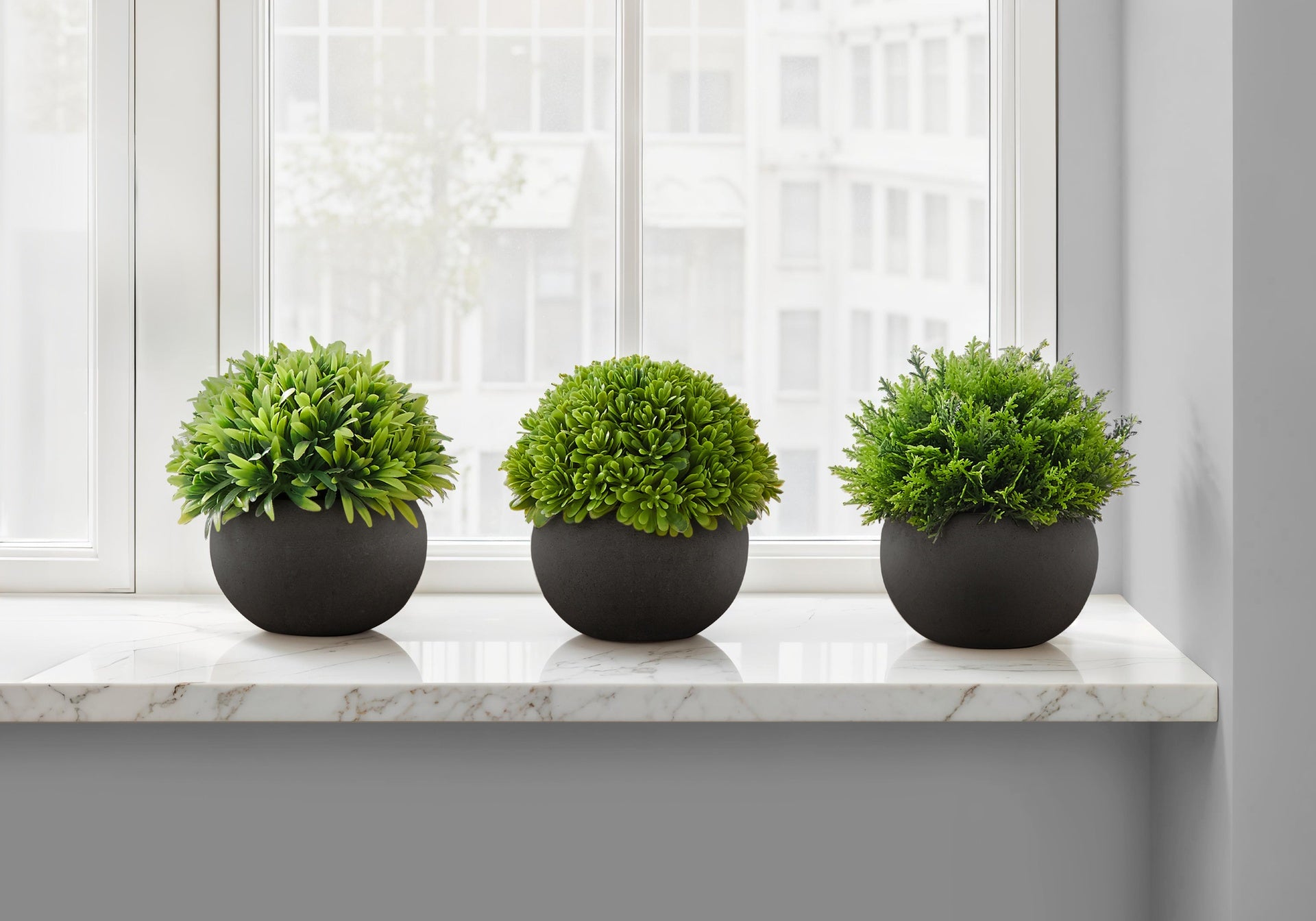 Artificial Plant, 5" Tall, Grass, Indoor, Faux, Fake, Table, Greenery, Potted, Set Of 3, Decorative, Green Plants, Black Pots