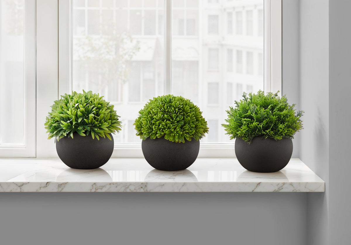 Artificial Plant, 5" Tall, Grass, Indoor, Faux, Fake, Table, Greenery, Potted, Set Of 3, Decorative, Green Plants, Black Pots
