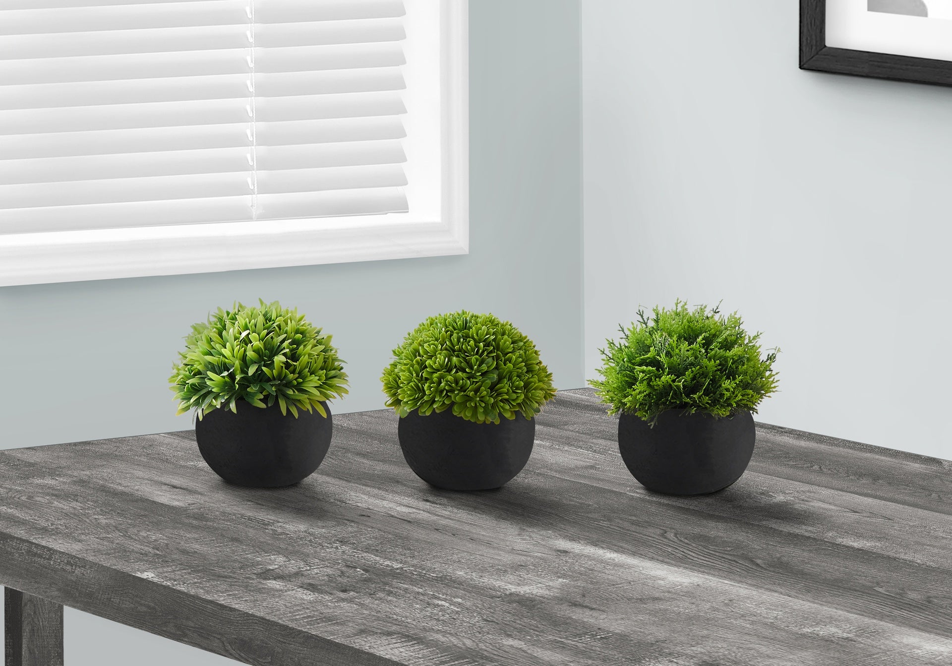 Artificial Plant, 5" Tall, Grass, Indoor, Faux, Fake, Table, Greenery, Potted, Set Of 3, Decorative, Green Plants, Black Pots