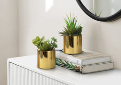 Artificial Plant, 7" Tall, Succulent, Indoor, Faux, Fake, Table, Greenery, Potted, Set Of 2, Decorative, Green Plants, Glossy Gold Pots