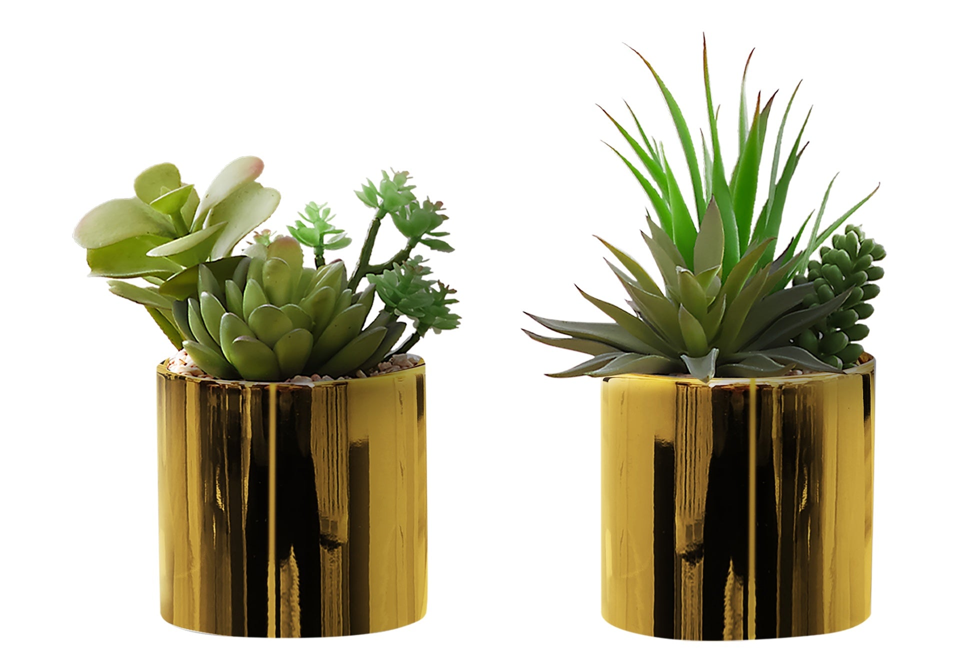 Artificial Plant, 7" Tall, Succulent, Indoor, Faux, Fake, Table, Greenery, Potted, Set Of 2, Decorative, Green Plants, Glossy Gold Pots