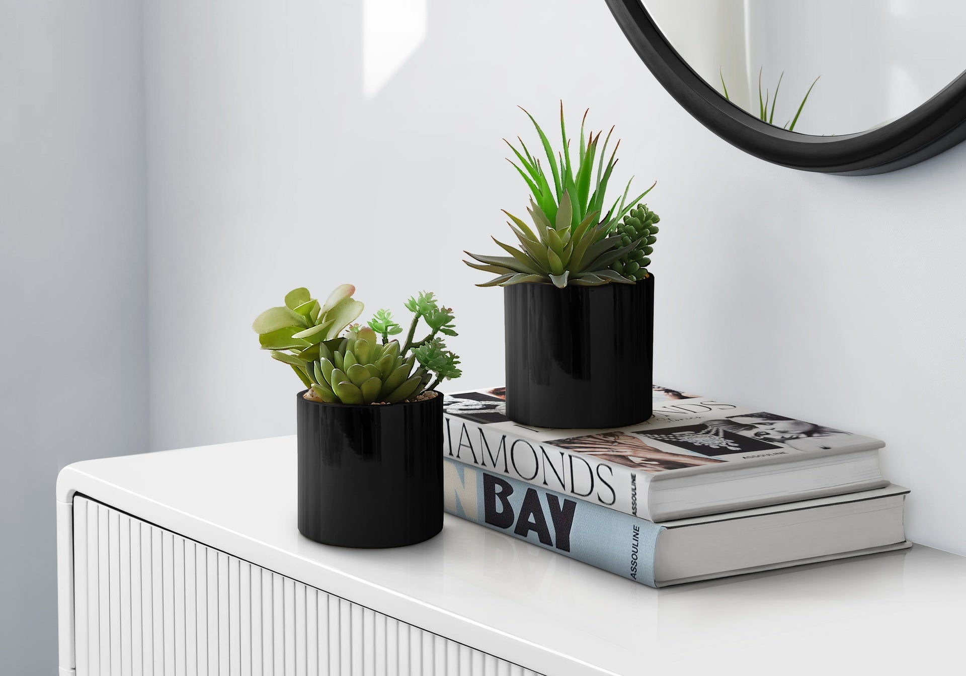 Artificial Plant, 7" Tall, Succulent, Indoor, Faux, Fake, Table, Greenery, Potted, Set Of 2, Decorative, Green Plants, Glossy Black Pots