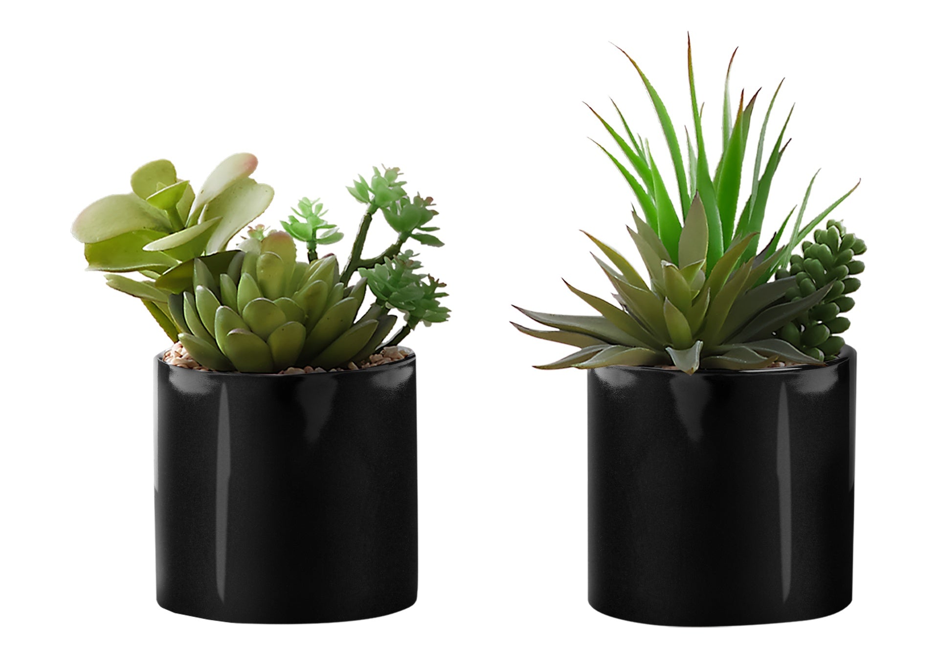 Artificial Plant, 7" Tall, Succulent, Indoor, Faux, Fake, Table, Greenery, Potted, Set Of 2, Decorative, Green Plants, Glossy Black Pots