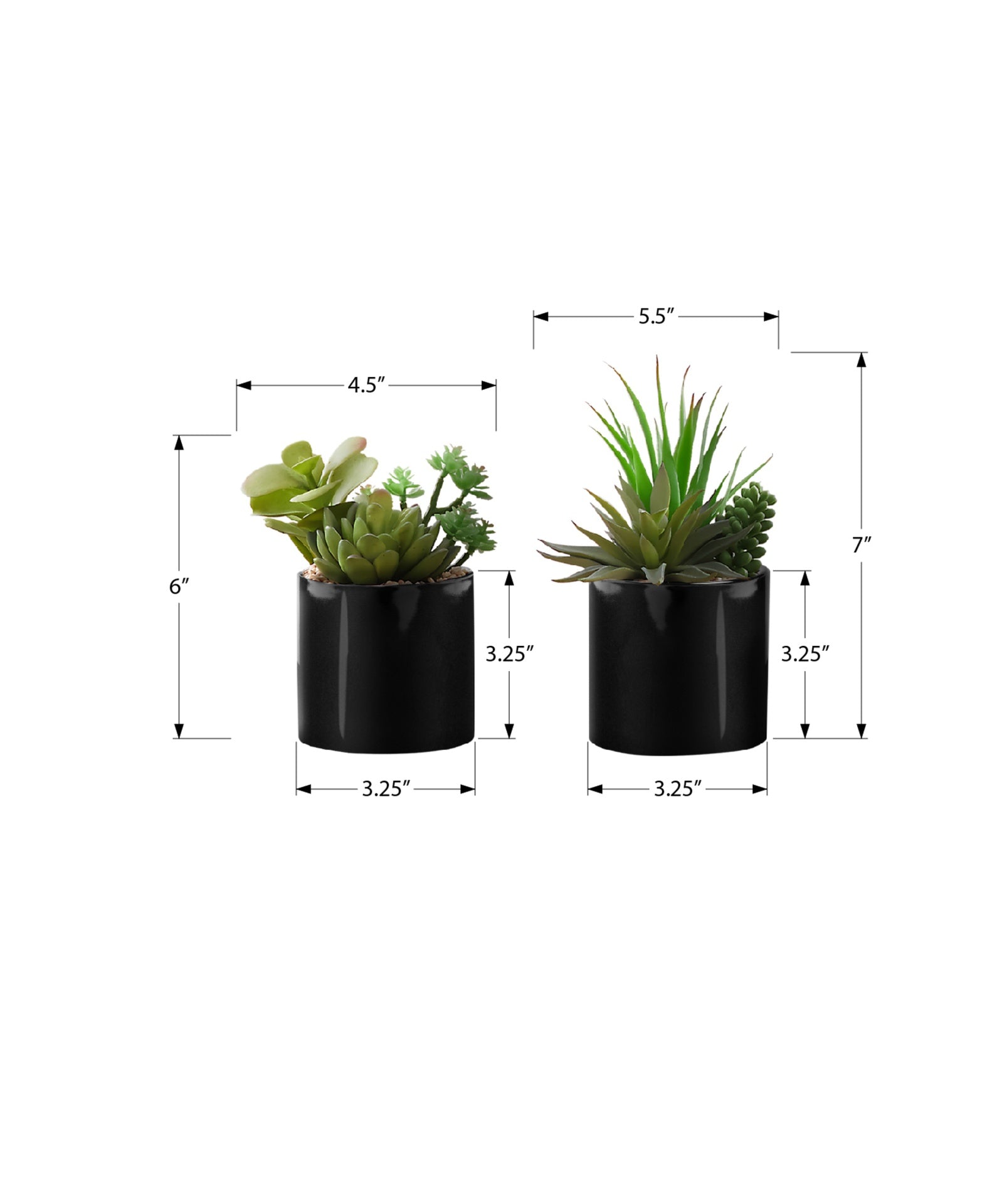 Artificial Plant, 7" Tall, Succulent, Indoor, Faux, Fake, Table, Greenery, Potted, Set Of 2, Decorative, Green Plants, Glossy Black Pots