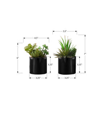 Artificial Plant, 7" Tall, Succulent, Indoor, Faux, Fake, Table, Greenery, Potted, Set Of 2, Decorative, Green Plants, Glossy Black Pots