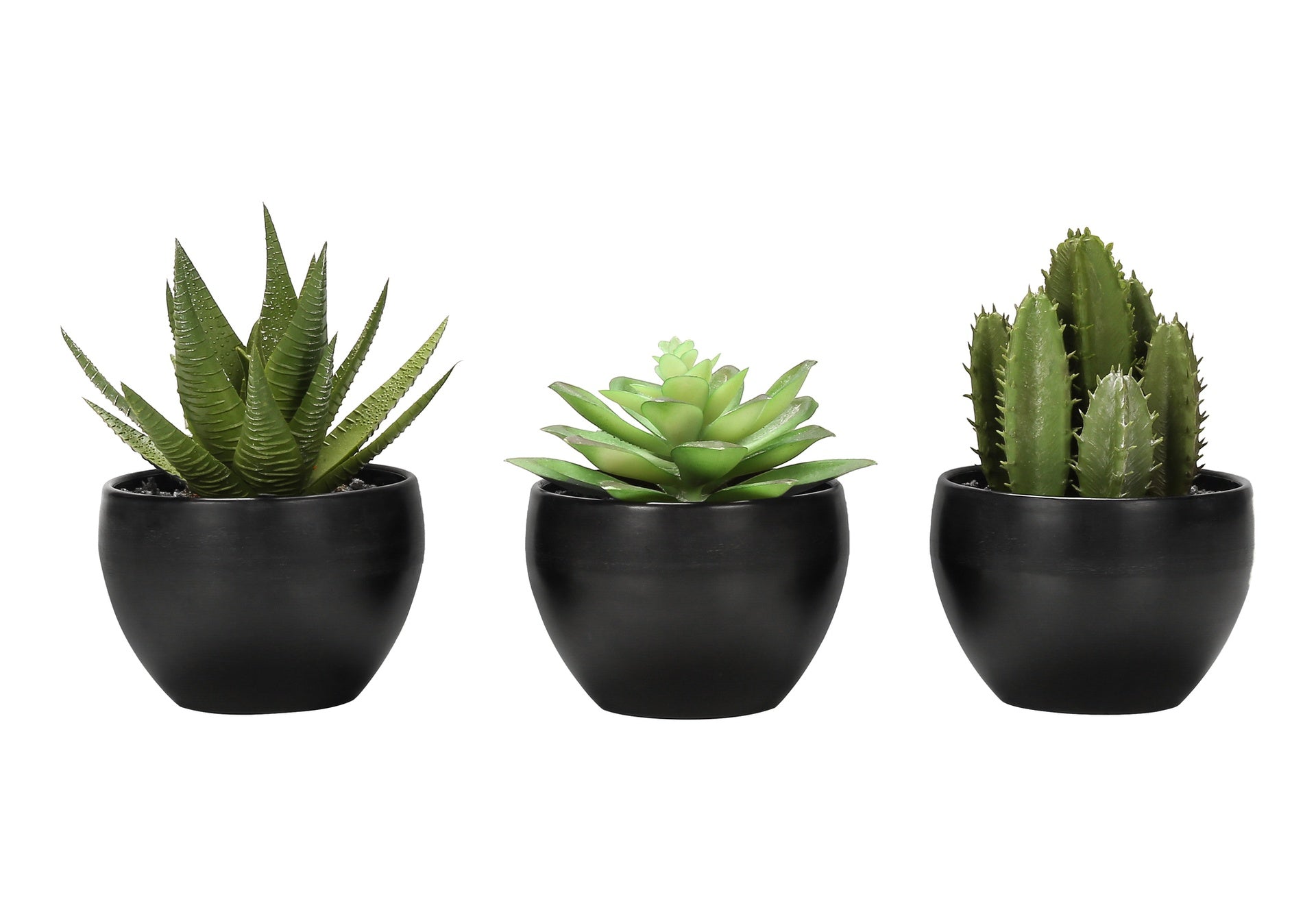 Artificial Plant, 6" Tall, Succulent, Indoor, Faux, Fake, Table, Greenery, Potted, Set Of 3, Decorative, Green Plants, Black Pots