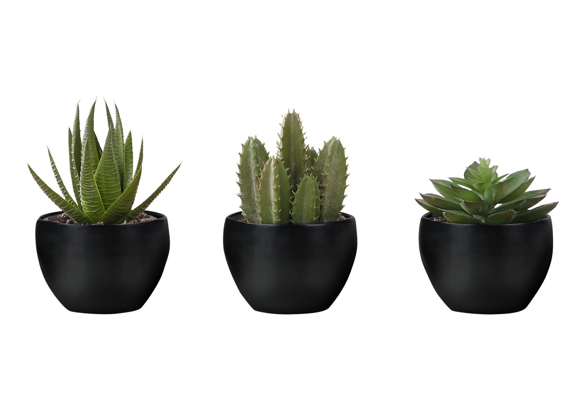 Artificial Plant, 6" Tall, Succulent, Indoor, Faux, Fake, Table, Greenery, Potted, Set Of 3, Decorative, Green Plants, Black Pots