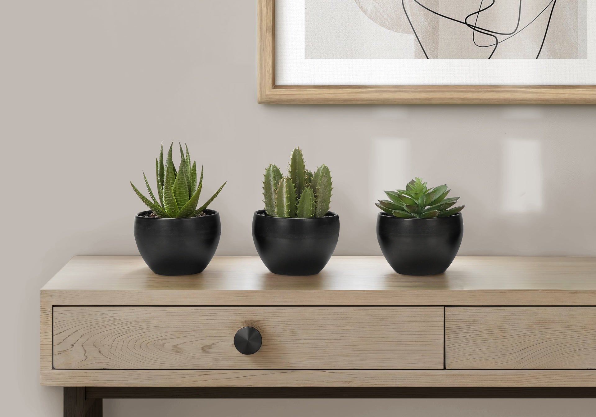 Artificial Plant, 6" Tall, Succulent, Indoor, Faux, Fake, Table, Greenery, Potted, Set Of 3, Decorative, Green Plants, Black Pots