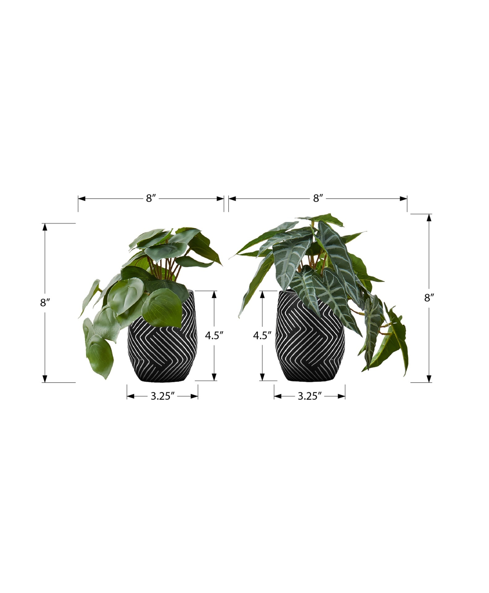 Artificial Plant, 8" Tall, Alocasia, Indoor, Faux, Fake, Table, Greenery, Potted, Set Of 2, Decorative, Green Leaves, Black Cement Pots