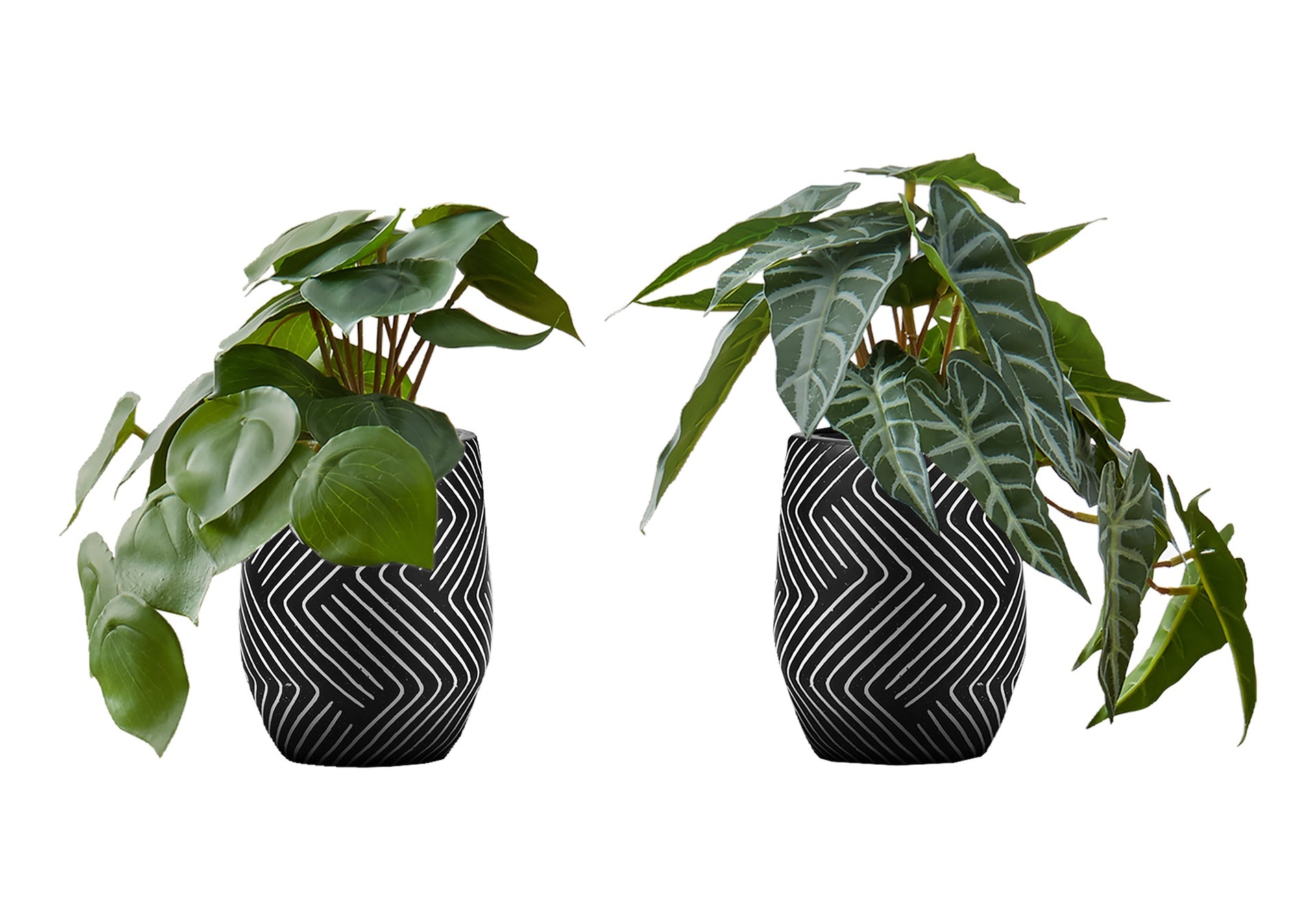 Artificial Plant, 8" Tall, Alocasia, Indoor, Faux, Fake, Table, Greenery, Potted, Set Of 2, Decorative, Green Leaves, Black Cement Pots