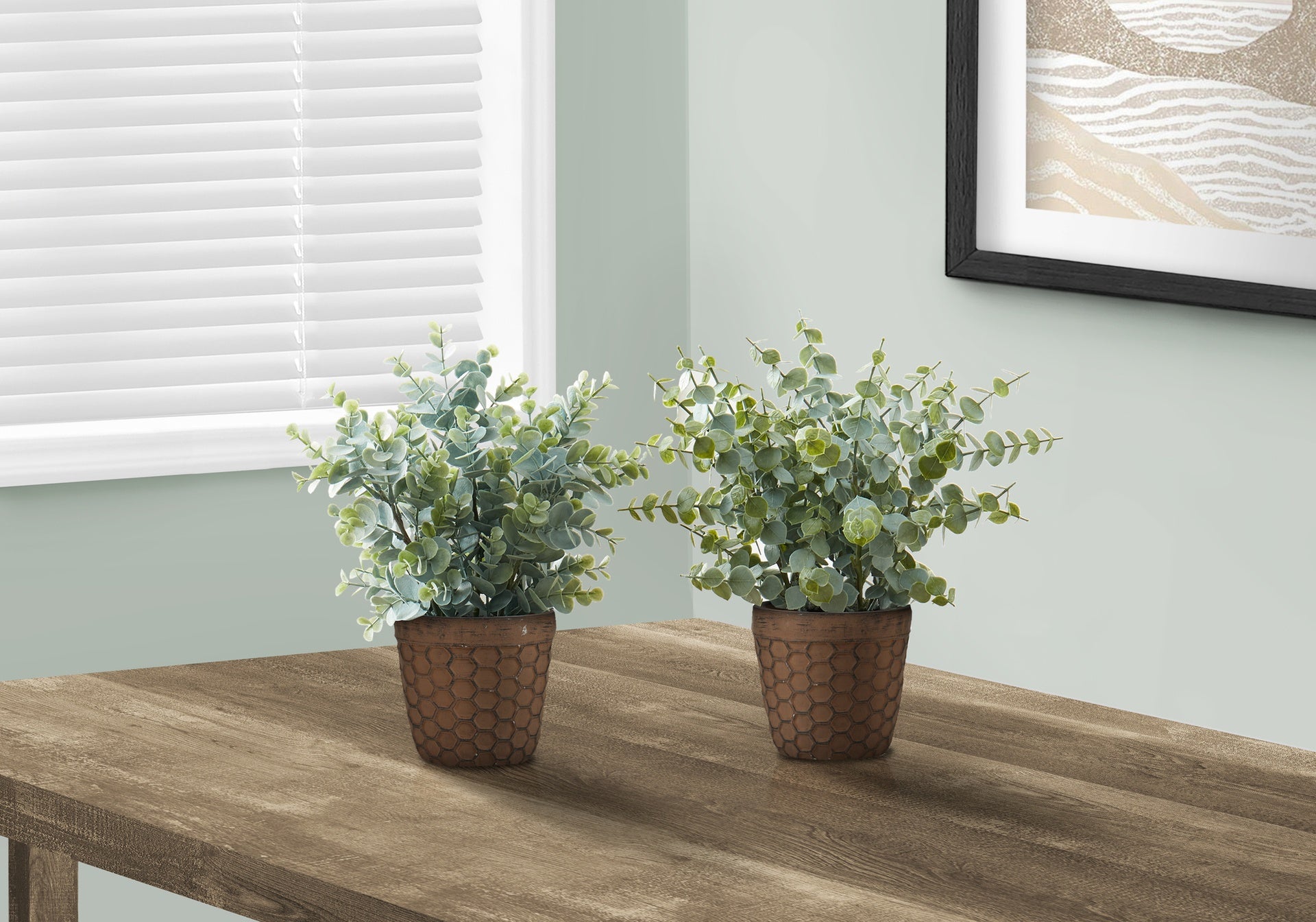 Artificial Plant, 13" Tall, Eucalyptus Grass, Indoor, Faux, Fake, Table, Greenery, Potted, Set Of 2, Decorative, Green Leaves, Brown Pots