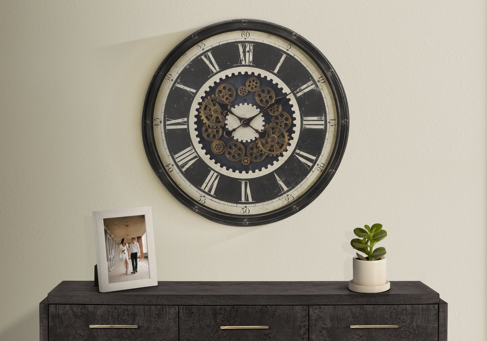 Clocks, 30" Round, Gear Mechanism, Large Oversized, Wall Clock, Brown, Transitional