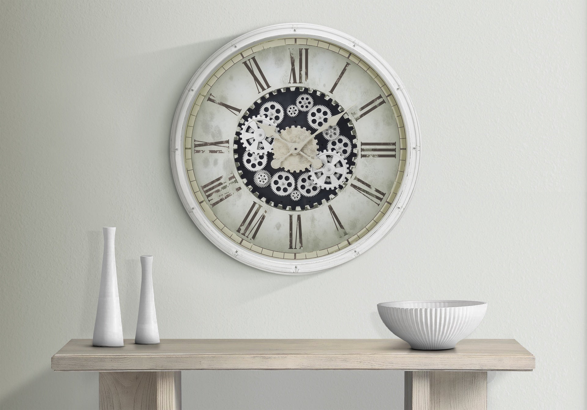 Clocks, 30" Round, Gear Mechanism, Large Oversized, Wall Clock, White, Transitional