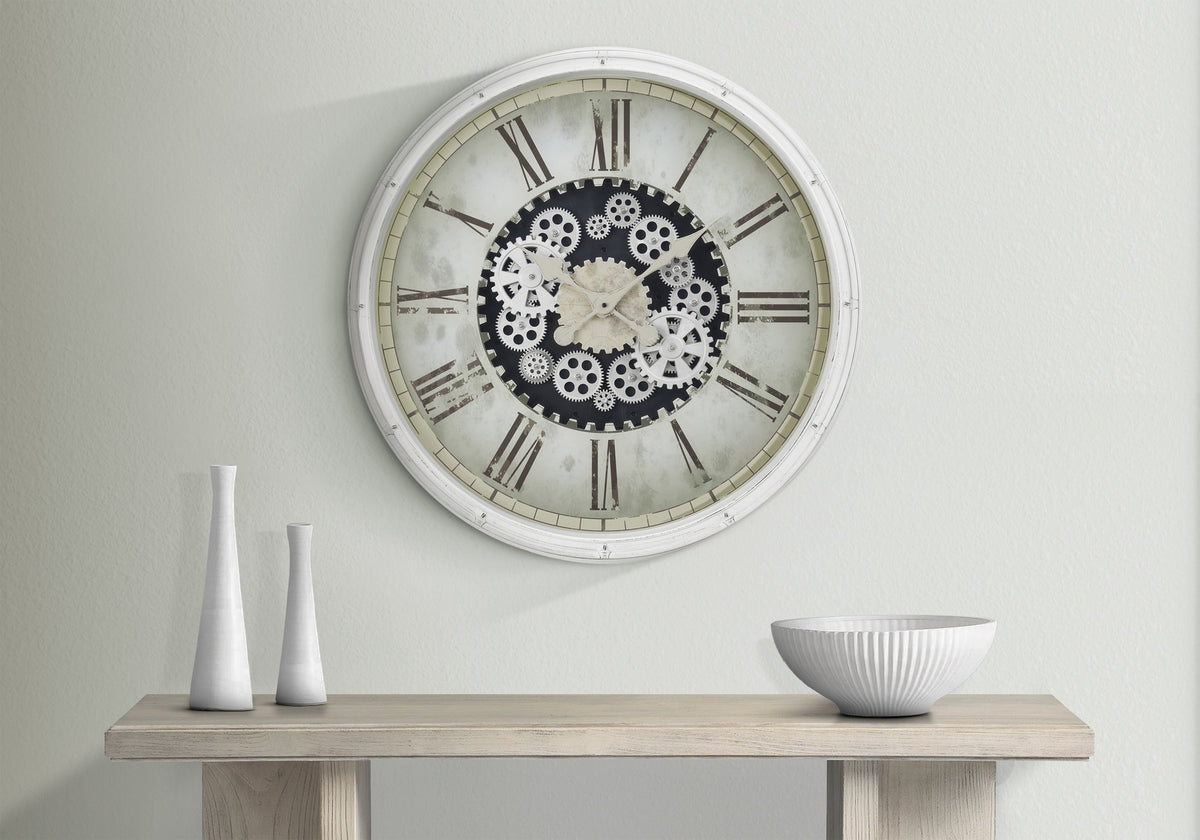 Clocks, 30" Round, Gear Mechanism, Large Oversized, Wall Clock, White, Transitional