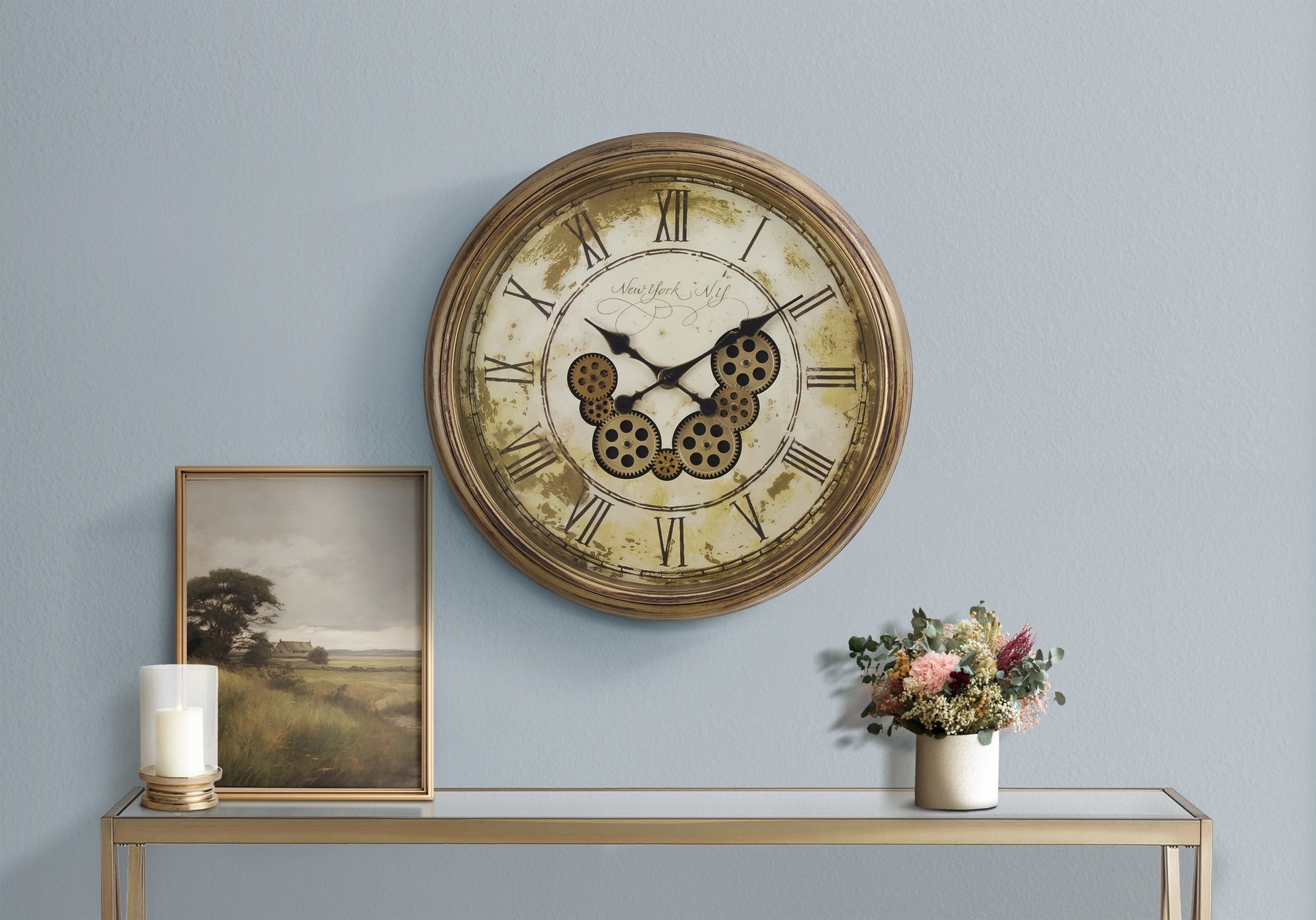 Clocks, 23" Round, Gear Mechanism, Wall Clock, Antique Brown, Transitional