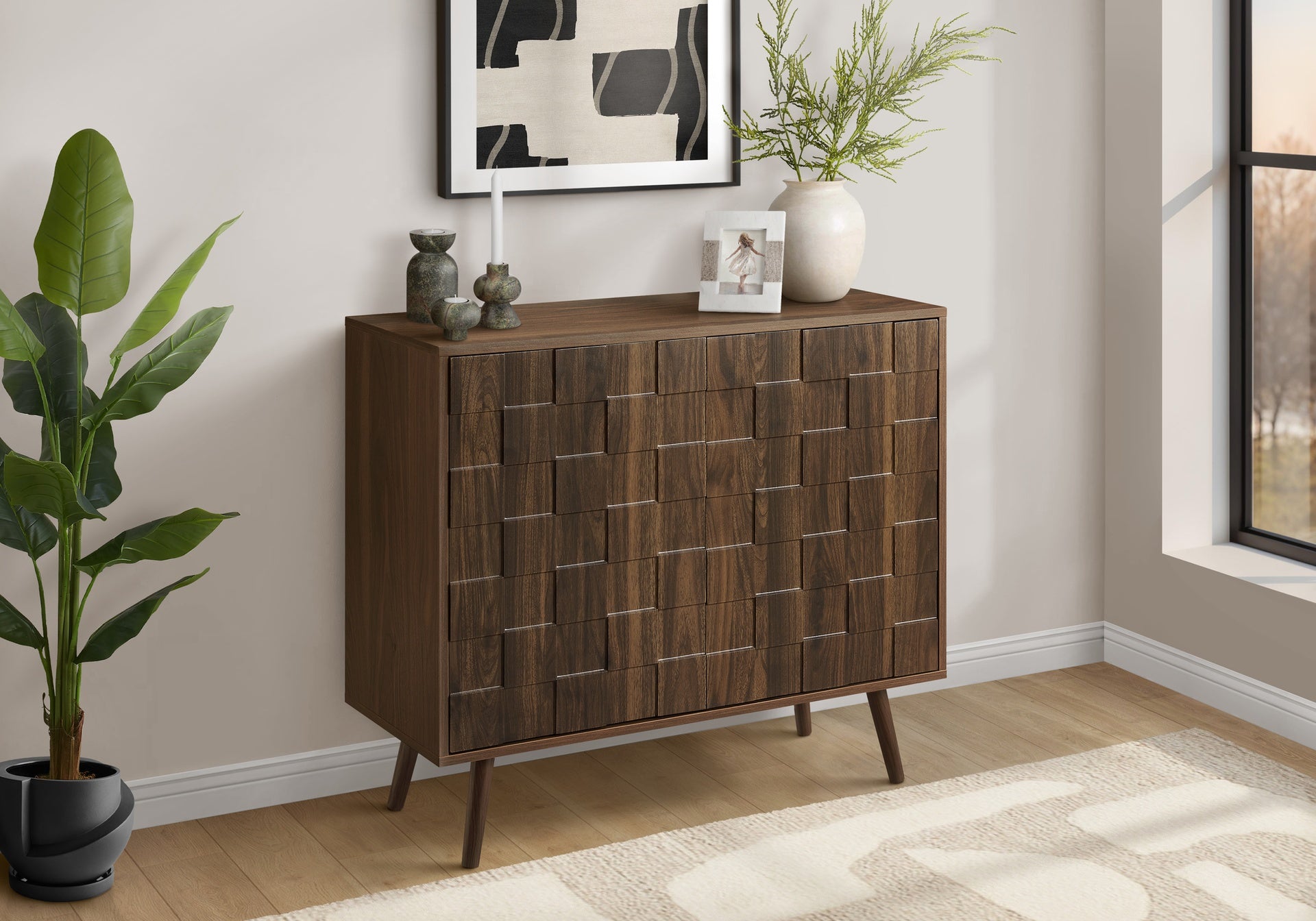 Accent Chest, 36" Wide, 2 Door Cabinet, Storage, Decorative, Dark Walnut Laminate, Mid Century, Transitional