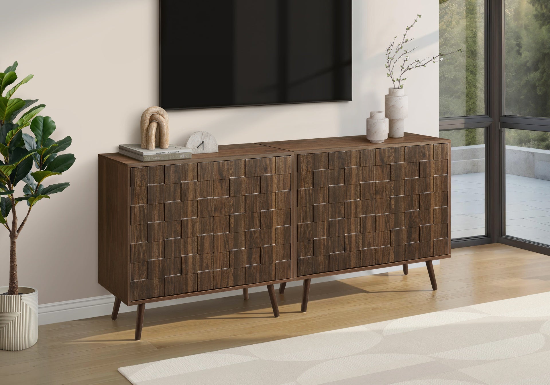 Accent Chest, 36" Wide, 2 Door Cabinet, Storage, Decorative, Dark Walnut Laminate, Mid Century, Transitional