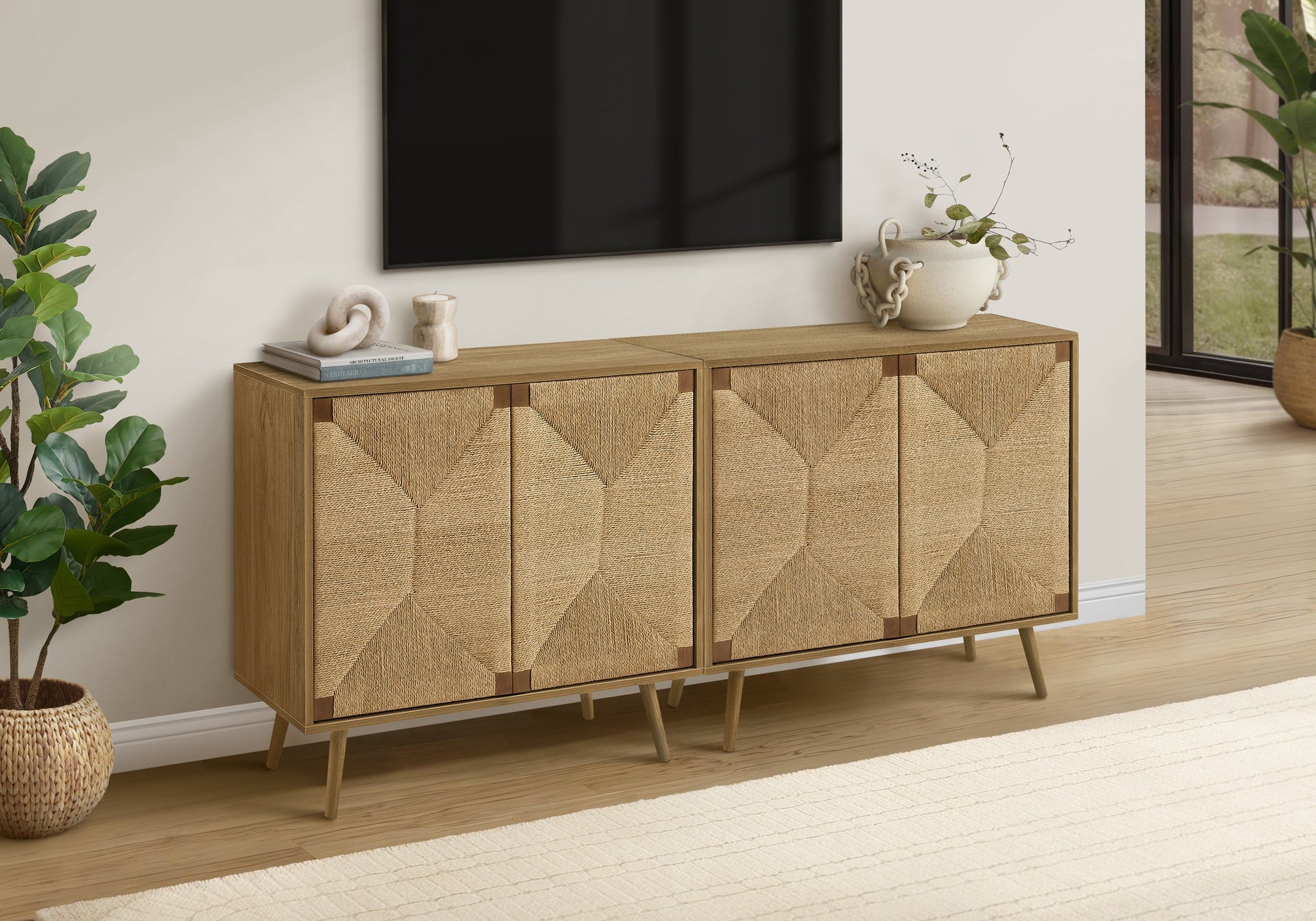 Accent Chest, 36" Wide, 2 Door Cabinet, Storage, Decorative, Light Walnut Laminate, Seagrass-look, Mid Century