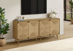 Accent Chest, 36" Wide, 2 Door Cabinet, Storage, Decorative, Light Walnut Laminate, Seagrass-look, Mid Century
