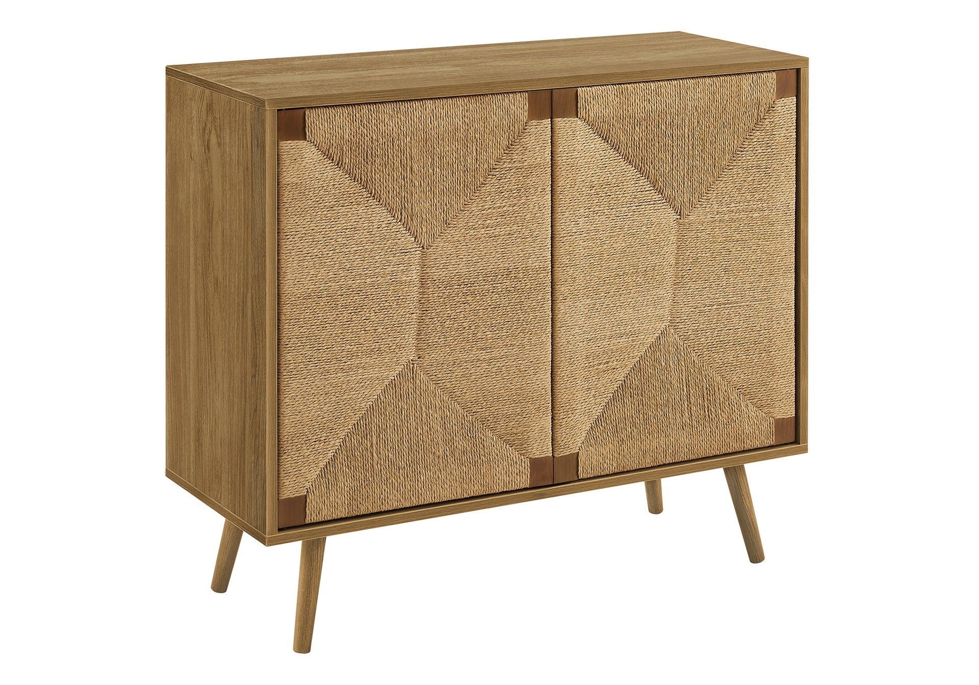 Accent Chest, 36" Wide, 2 Door Cabinet, Storage, Decorative, Light Walnut Laminate, Seagrass-look, Mid Century