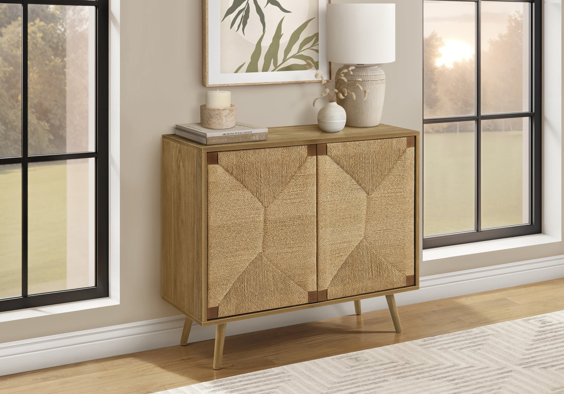Accent Chest, 36" Wide, 2 Door Cabinet, Storage, Decorative, Light Walnut Laminate, Seagrass-look, Mid Century