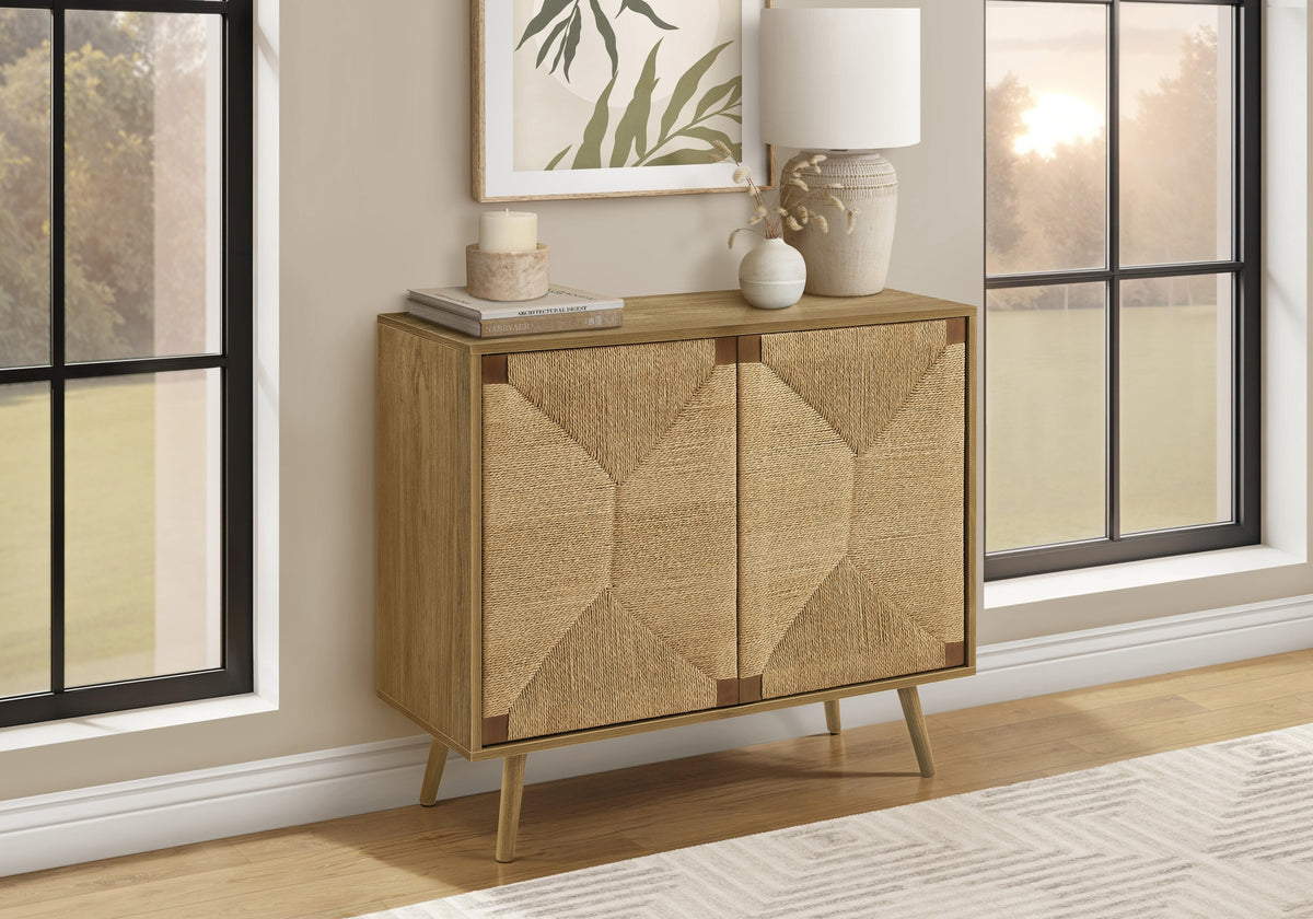 Accent Chest, 36" Wide, 2 Door Cabinet, Storage, Decorative, Light Walnut Laminate, Seagrass-look, Mid Century