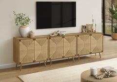 Accent Chest, 36" Wide, 2 Door Cabinet, Storage, Decorative, Light Walnut Laminate, Seagrass-look, Mid Century