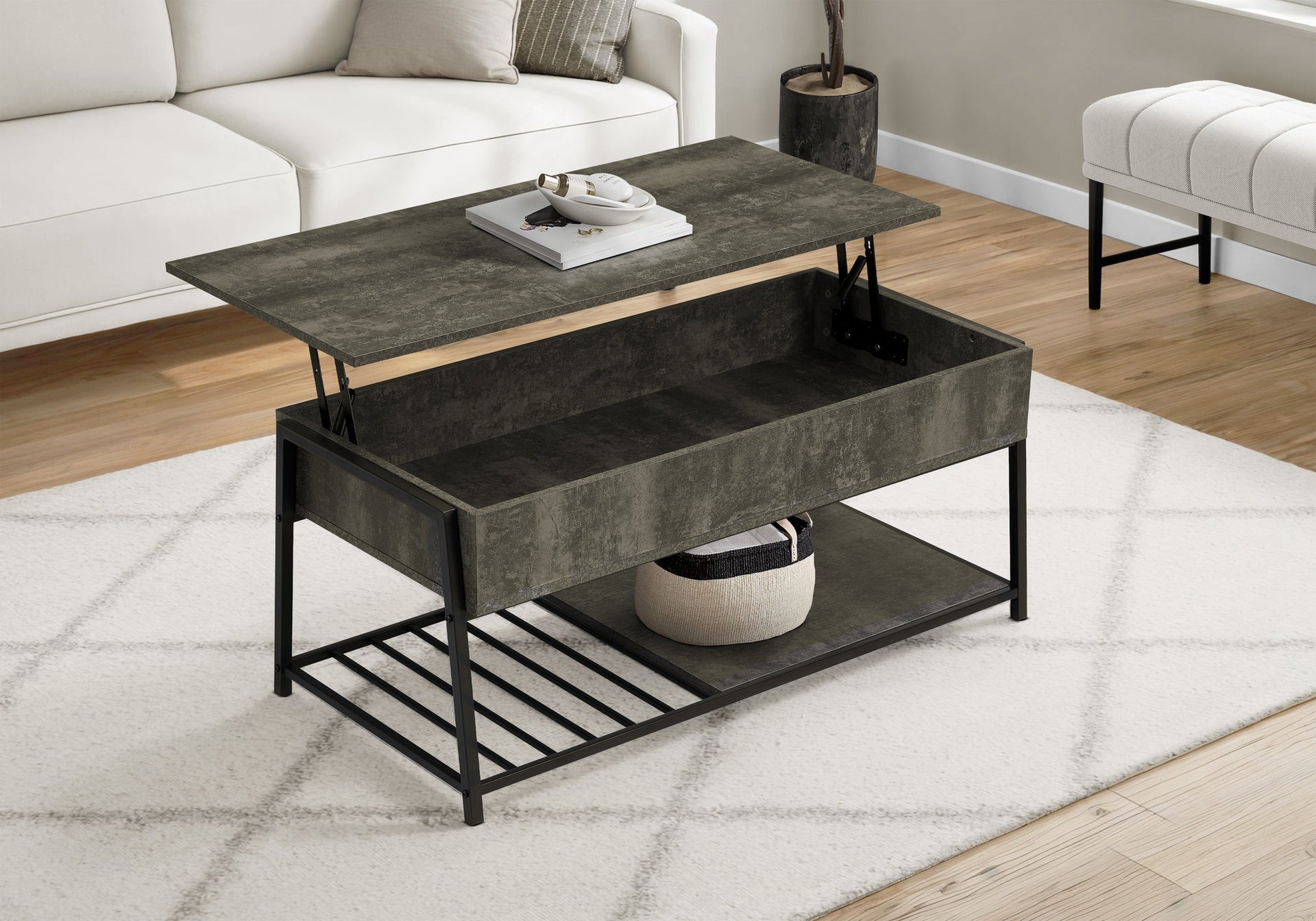 Coffee Table, 42" L, Cocktail, Lift-top, Rectangular, Storage, Living Room, Dark Bronze Laminate, Black Metal, Contemporary, Modern
