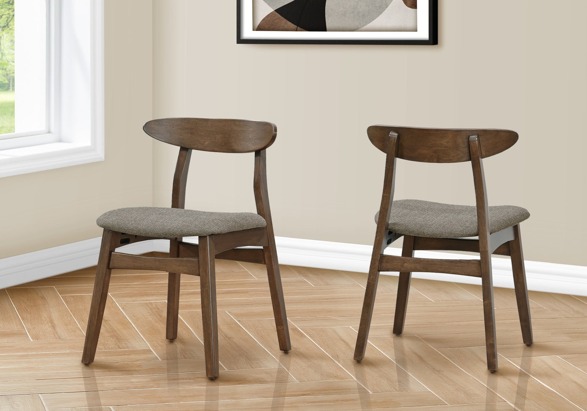Dining Chair, 32" Height, Set Of 2, Side, Upholstered, Kitchen, Dining Room, Dark Walnut, Brown Fabric, Modern, Mid Century