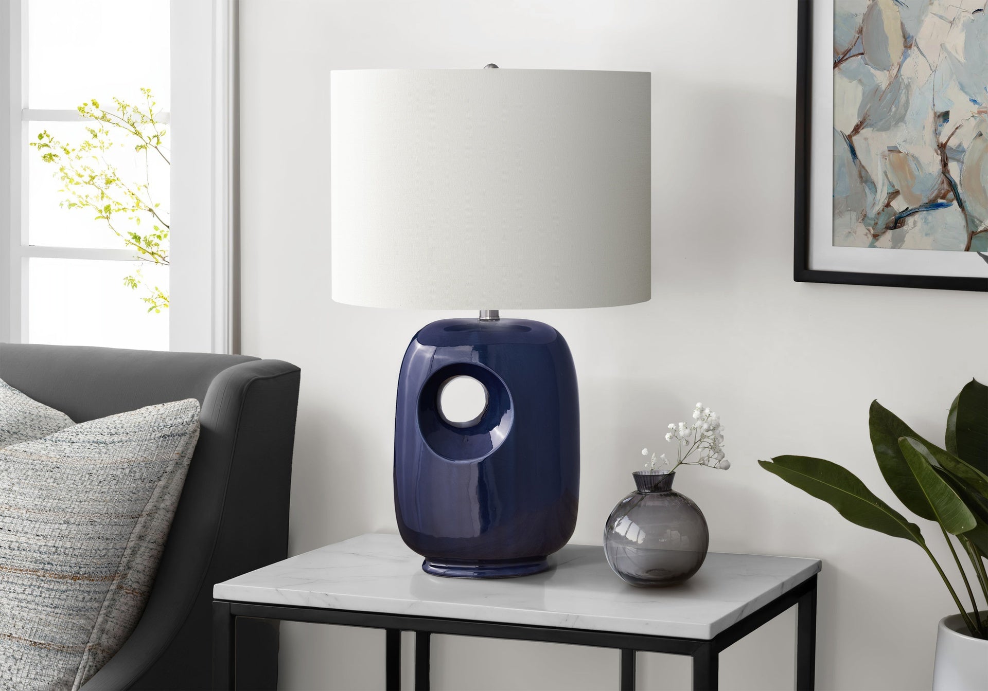 Lighting, 26"h, Table Lamp, Blue Ceramic, Ivory / Cream Shade, Contemporary, Modern