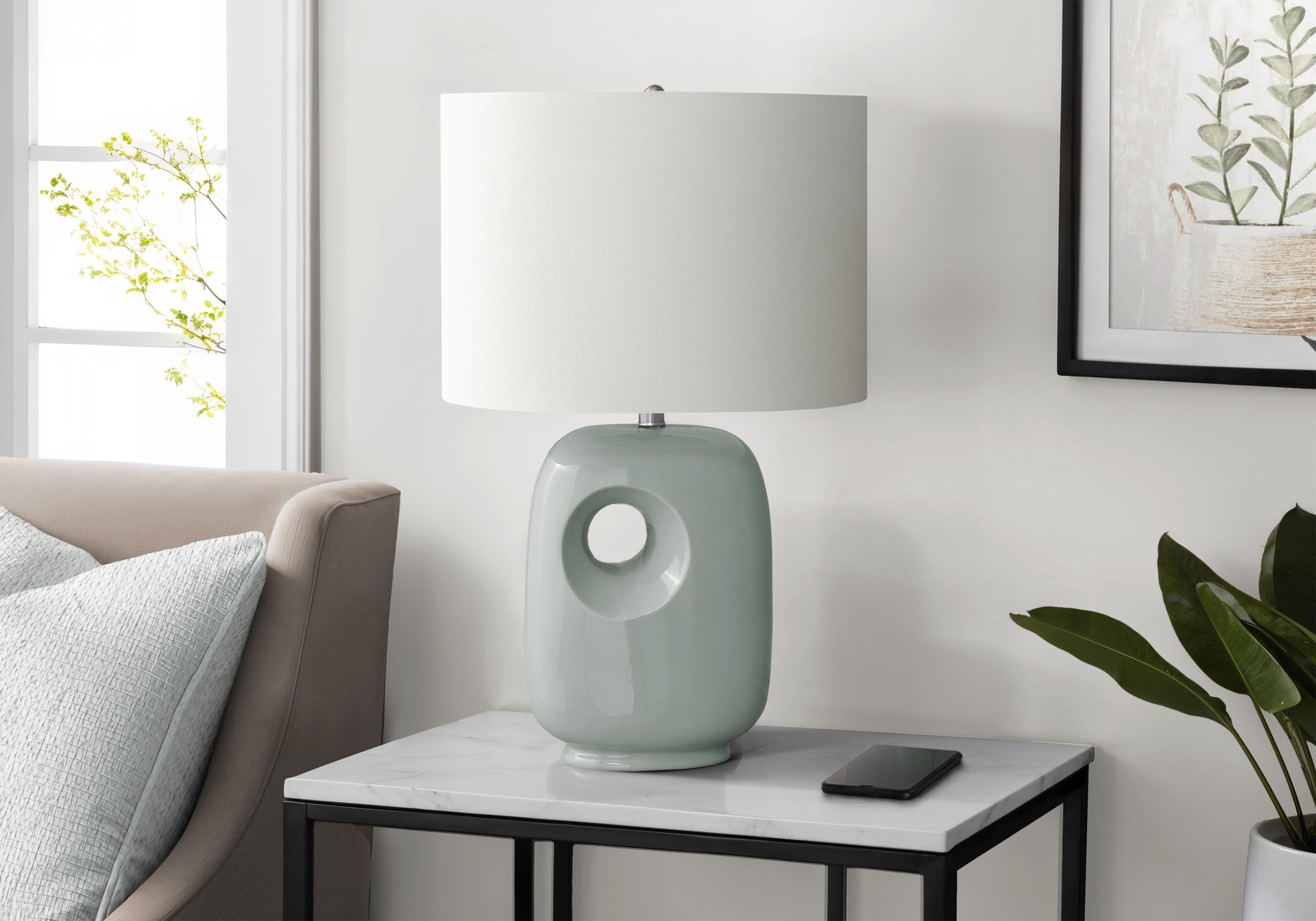 Lighting, 26"h, Table Lamp, Green Ceramic, Ivory / Cream Shade, Contemporary, Modern