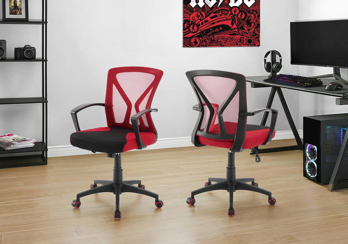 Office Chair, Adjustable Height, Swivel, Ergonomic, Armrests, Computer Desk, Work, Red Mesh, Black Metal, Contemporary, Modern