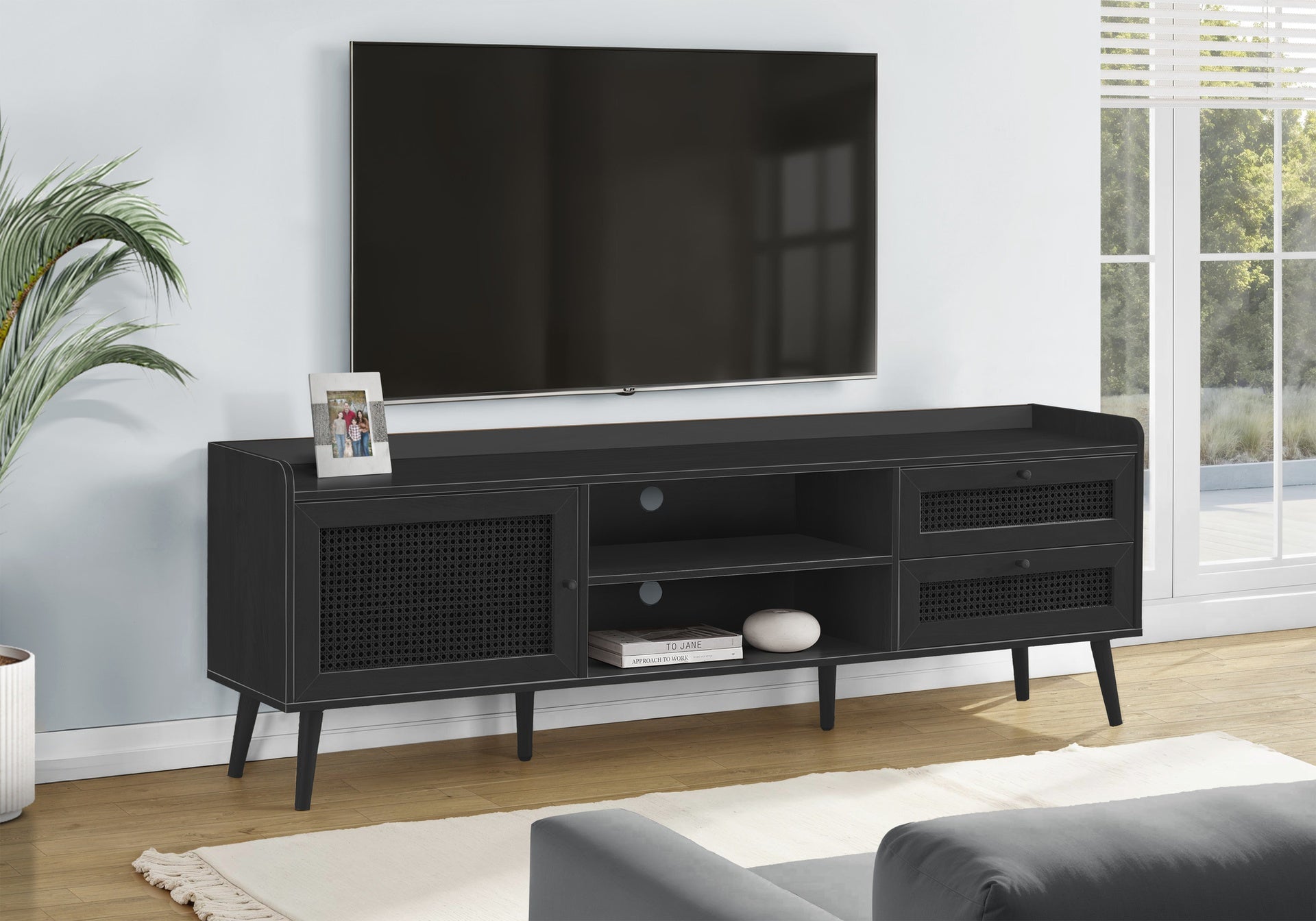 Tv Stand, 72 Inch, Console, Media Entertainment Center, Storage Cabinet, Living Room, Bedroom, Black Laminate, Wood Legs, Transitional